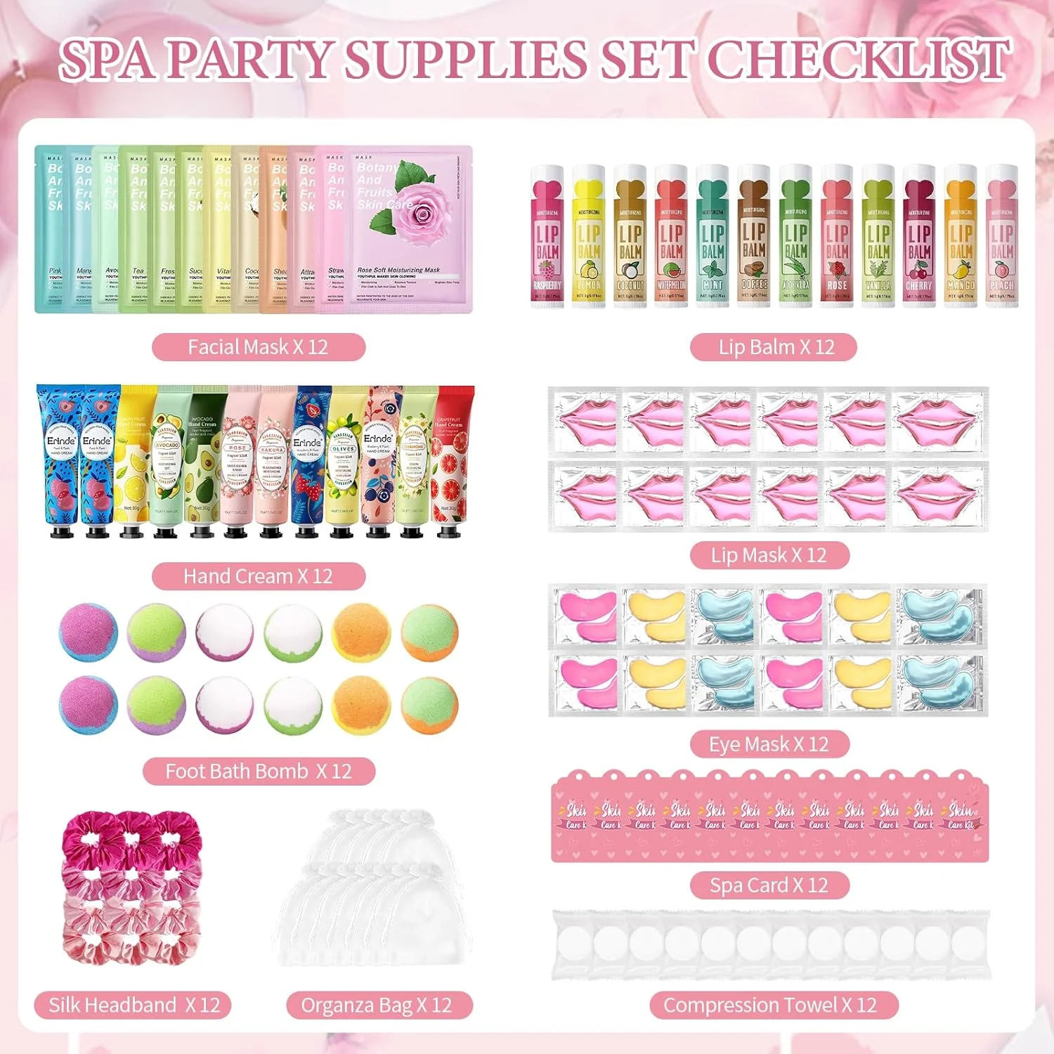 120 تکه لوازم مهمانی اسپا برای دختران، شامل ماسک صورت، مراقبت از پوست، کرم دست، بالم لب، پچ زیر چشم، ماسک لب، توپ حمام پا، لوازم مهمانی تولد و شب خواب برای بانوان
