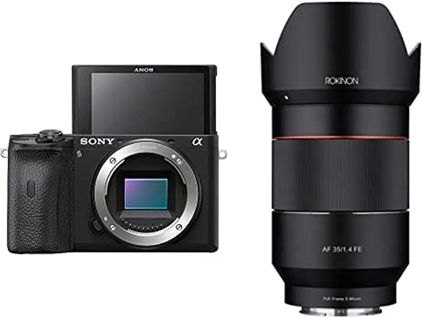دوربین بدون آینه سونی آلفا A6600 | مشکی | Ilce-6600 به همراه لنز زاویه باز 35 میلی متری Rokinon Af F/1.4 با فوکوس خودکار برای دهانه Sony Fe، مشکی (Io3514-E)