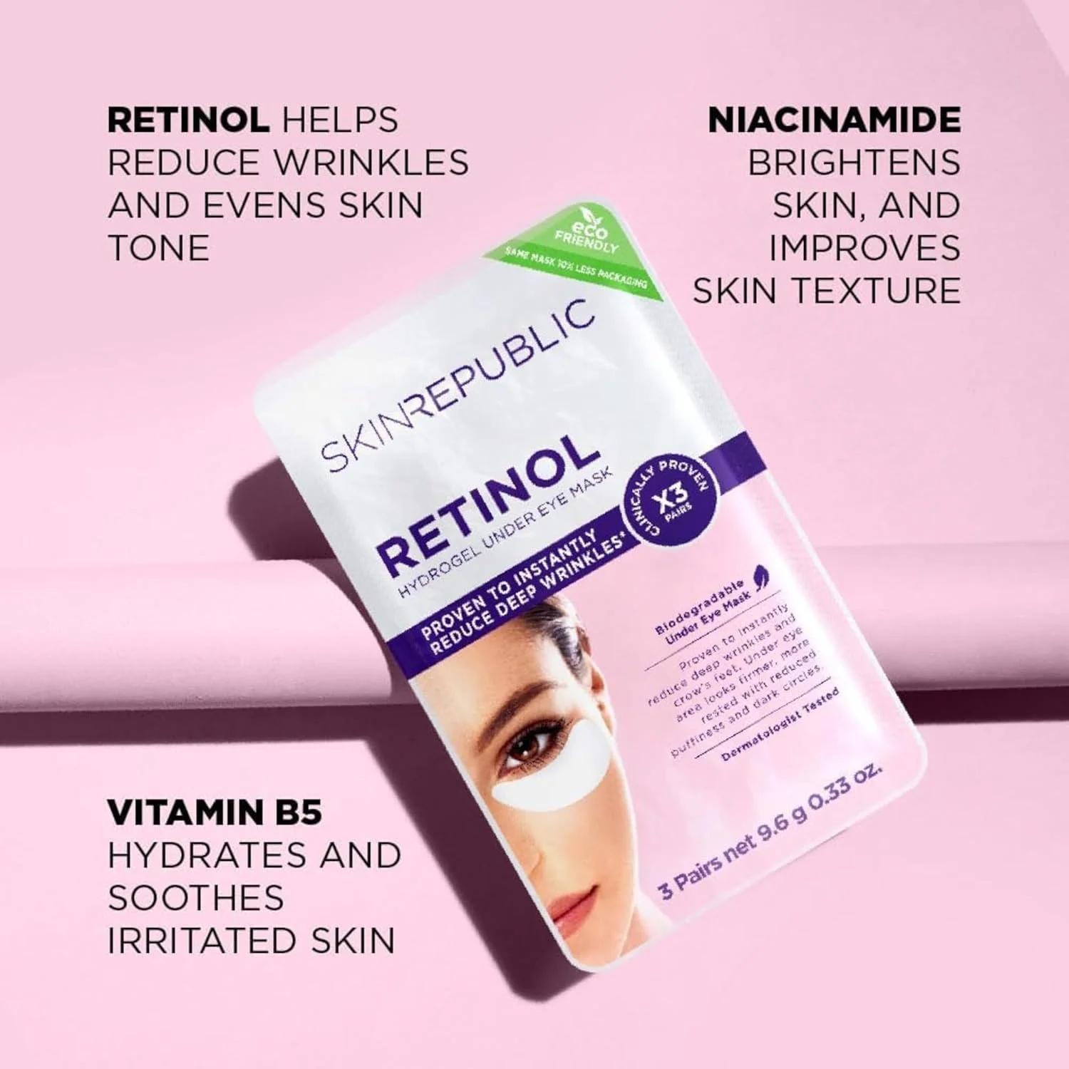 پچ های زیر چشم هیدروژل رتینول Skin Republic (9 جفت) - ماسک های زیر چشم با نیاسینامید و ویتامین B5، کاهش دهنده چین و چروک، پف و سیاهی دور چشم، آبرسان، روشن کننده و تسکین دهنده پوست