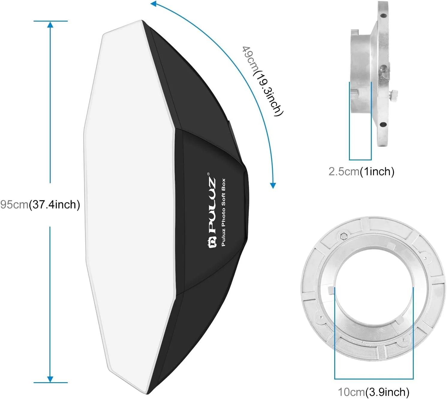 سافت باکس هشت ضلعی PULUZ، 95 سانتی متر، نصب سریع، مانت بوئنز جمع و جور با دیفیوزر نور، کیف حمل، سافت باکس کوچک Light Dome برای فلاش اسپیدلایت استودیوی عکاسی و مونو لایت