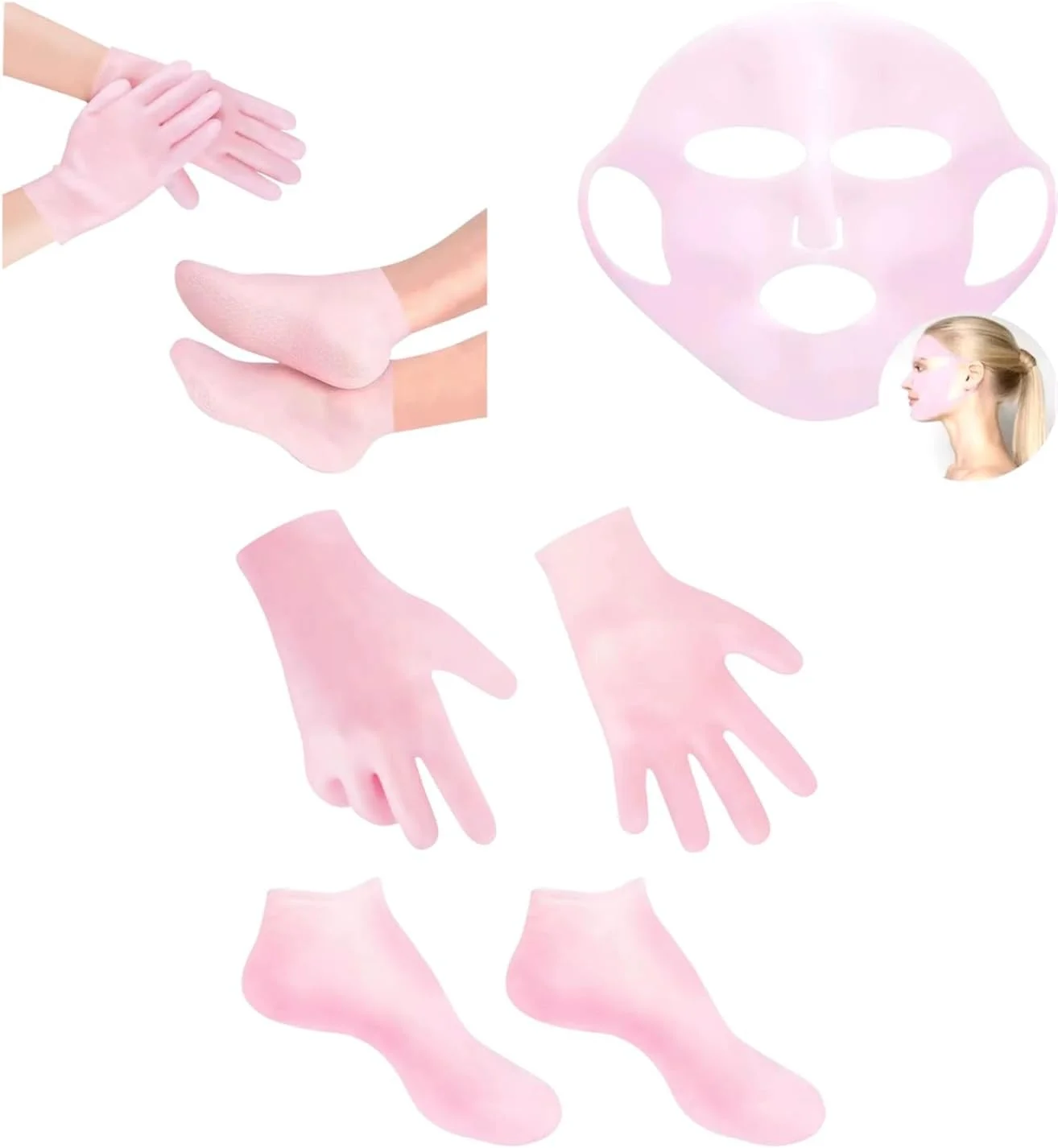ست مرطوب کننده ژل سیلیکونی، جوراب پا و ماسک صورت، درمان اسپا قابل استفاده مجدد برای پوست خشک و مراقبت ضد چروک