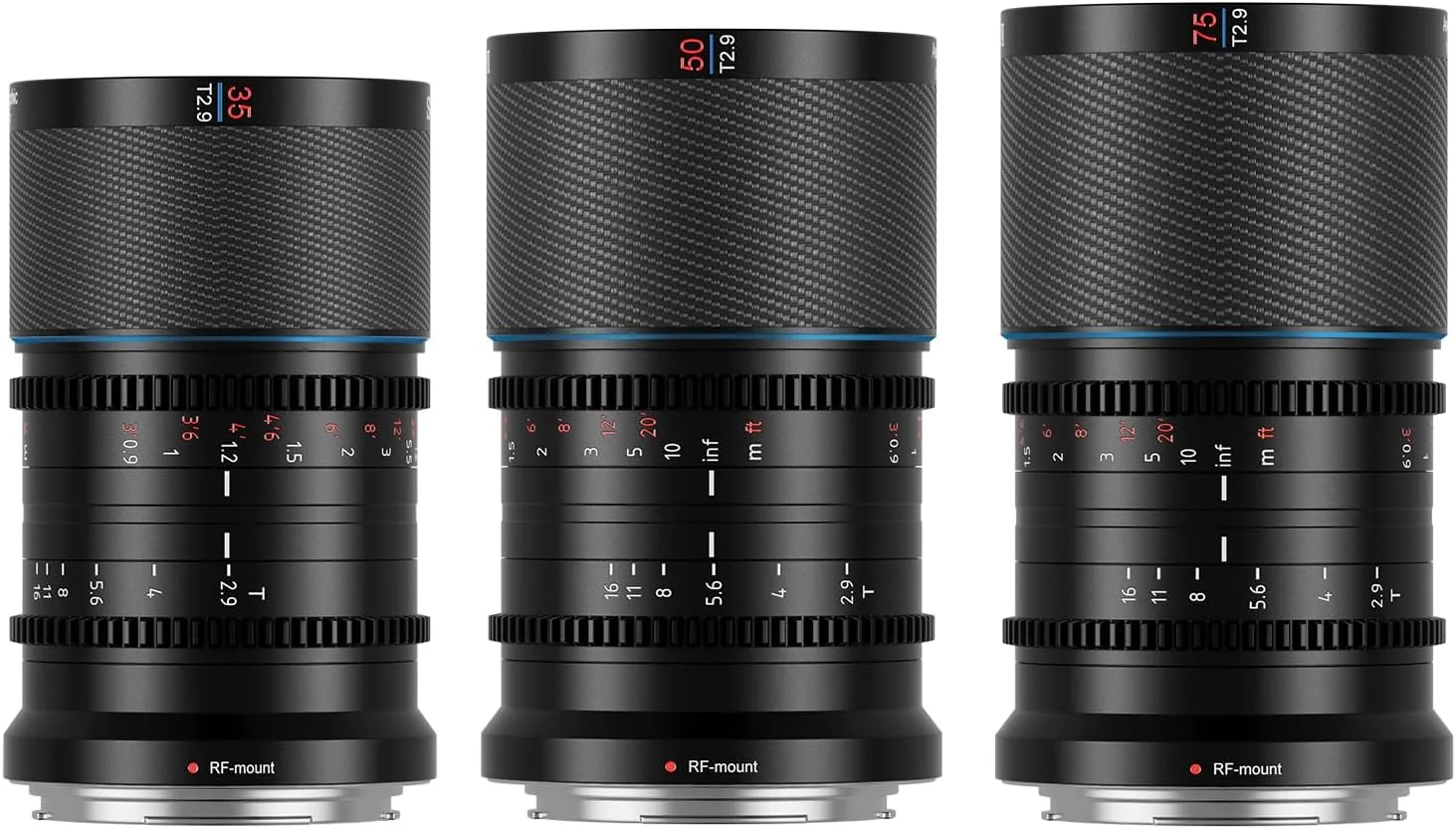 لنز آنامورفیک فیبر کربنی فول فریم SIRUI Saturn با دهانه RF، 35mm، 50mm، 75mm T2.9 1.6X، لنز سینمایی با وزن کمتر از 500 گرم (نور آبی)