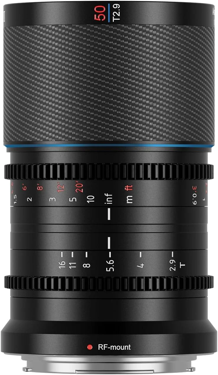 لنز آنامورفیک 50mm T2.9 1.6X فول فریم کربن فیبر سیروی مدل Saturn، لنز سینمایی برای دوربین های با مانت RF، وزن کمتر از 500 گرم (فلر آبی)