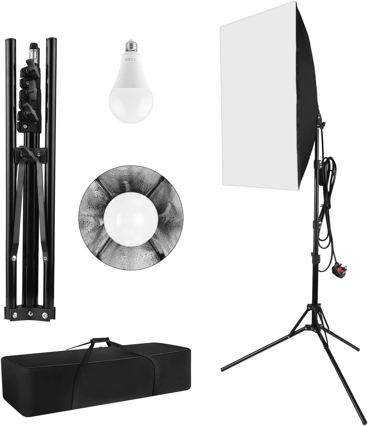 کیت نورپردازی سافت باکس استودیویی حرفه ای، 1 سافت باکس 28x20 اینچ، 1 لامپ 23 وات، 1 پایه نور 2 متری، 1 کیف حمل برای عکاسی استودیویی، پرتره، محصول و فیلم