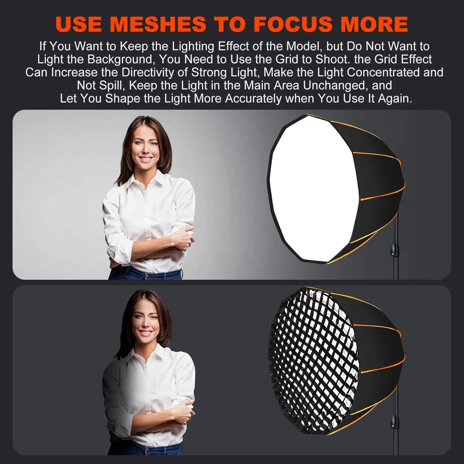 پادوم سافت باکس پارابولیک عمیق 60 سانتی متری با نصب سریع و آسان به همراه گرید لانه زنبوری برای فلاش استودیویی