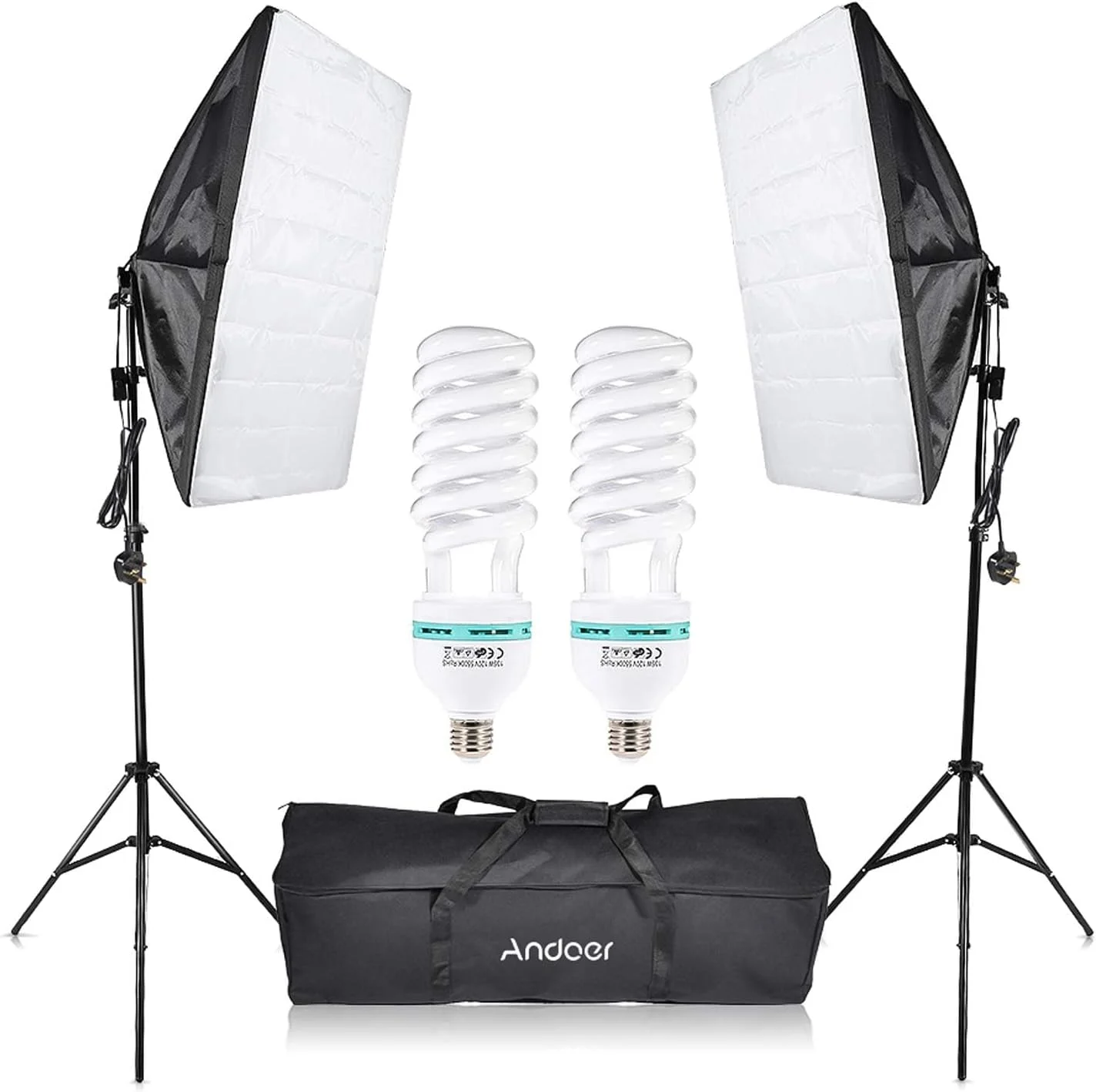 کیت نورپردازی استودیویی عکاسی شامل چادر نور، سافت باکس، لامپ 135 وات، پایه نگهدارنده، و کیف حمل مناسب برای عکاسی پرتره و محصول با دوشاخه UK و ولتاژ 220 ولت