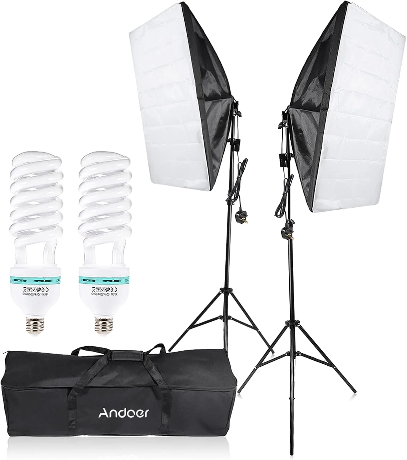 کیت نورپردازی استودیویی عکاسی شامل چادر نور، سافت باکس، لامپ 135 وات، پایه نگهدارنده، و کیف حمل مناسب برای عکاسی پرتره و محصول با دوشاخه UK و ولتاژ 220 ولت