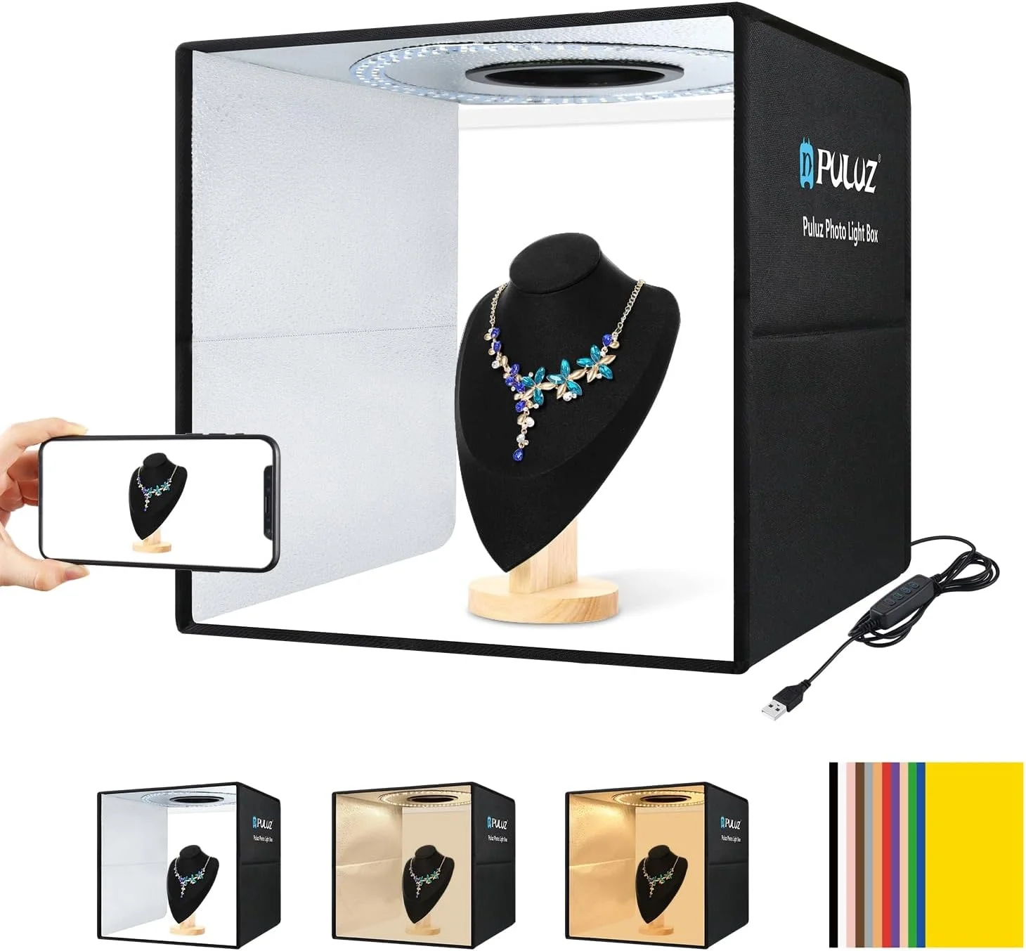 جعبه نور عکاسی محصول، 40cm x 40cm استودیوی جعبه نور تاشو حرفه ای با 160 چراغ LED و 6 پس زمینه رنگی دو طرفه برای جواهرات و عکاسی از محصولات با اندازه متوسط