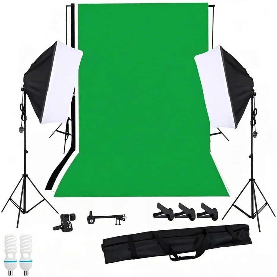 کیت نورپردازی سافت باکس عکاسی با پایه پس زمینه استودیو تجهیزات عکس و فیلم 2 عدد لامپ 125 واتی تک سوکت نور چادر محصول پرتره