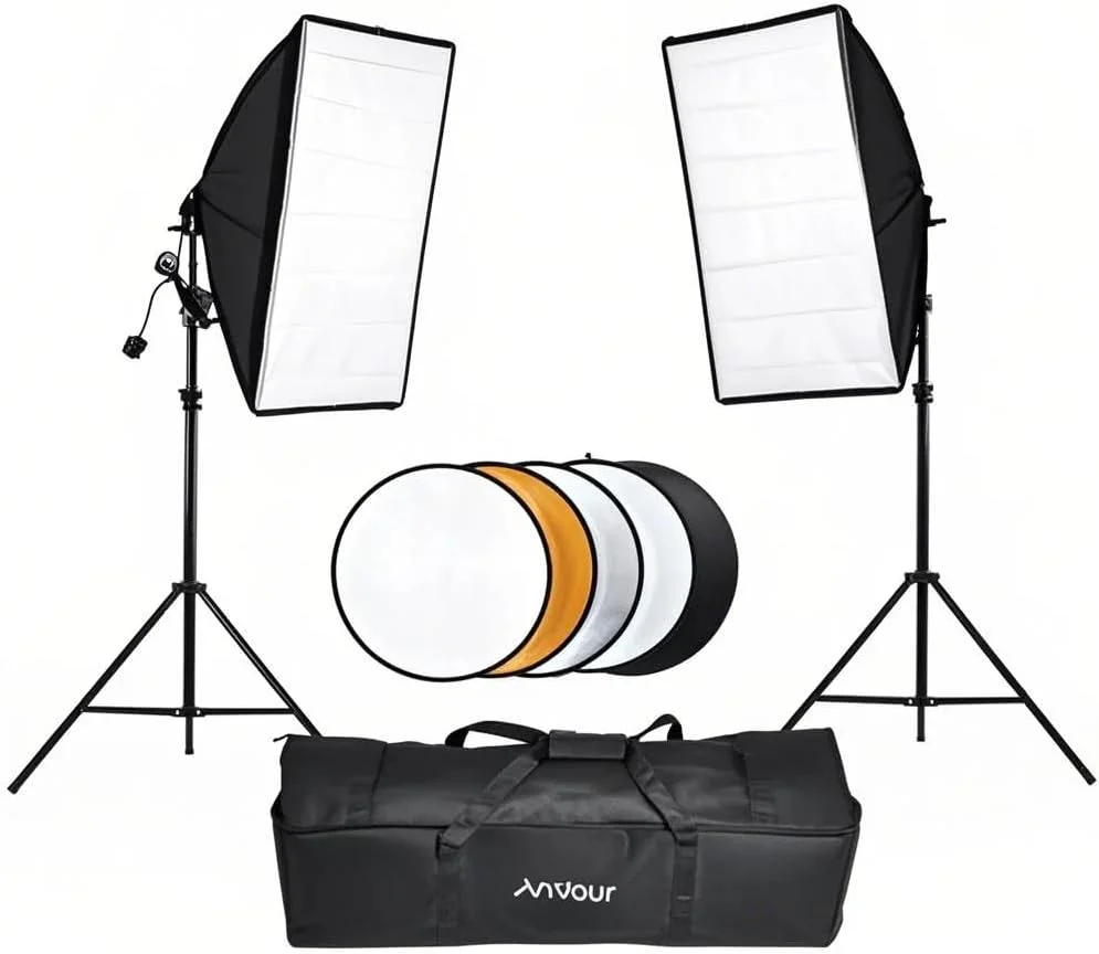 کیت چادر نورپردازی سافت باکس استودیوی عکاسی با 2 عدد لامپ 135 واتی، پایه نور، 1 عدد رفلکتور 5 در 1 و کیف حمل برای تجهیزات عکس و فیلم، پرتره، عروسی، روشنایی داخلی و خارجی