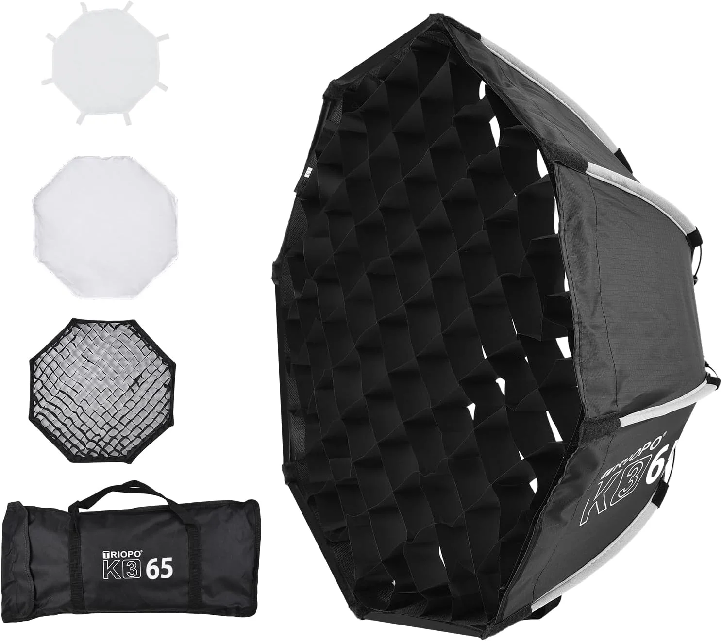 سافت باکس هشت ضلعی عکاسی K3 با نصب سریع، مانت بوئنز جداشدنی، شبکه لانه زنبوری و کیف حمل برای نورهای استودیویی، نور ویدئویی و عکاسی پرتره و محصول