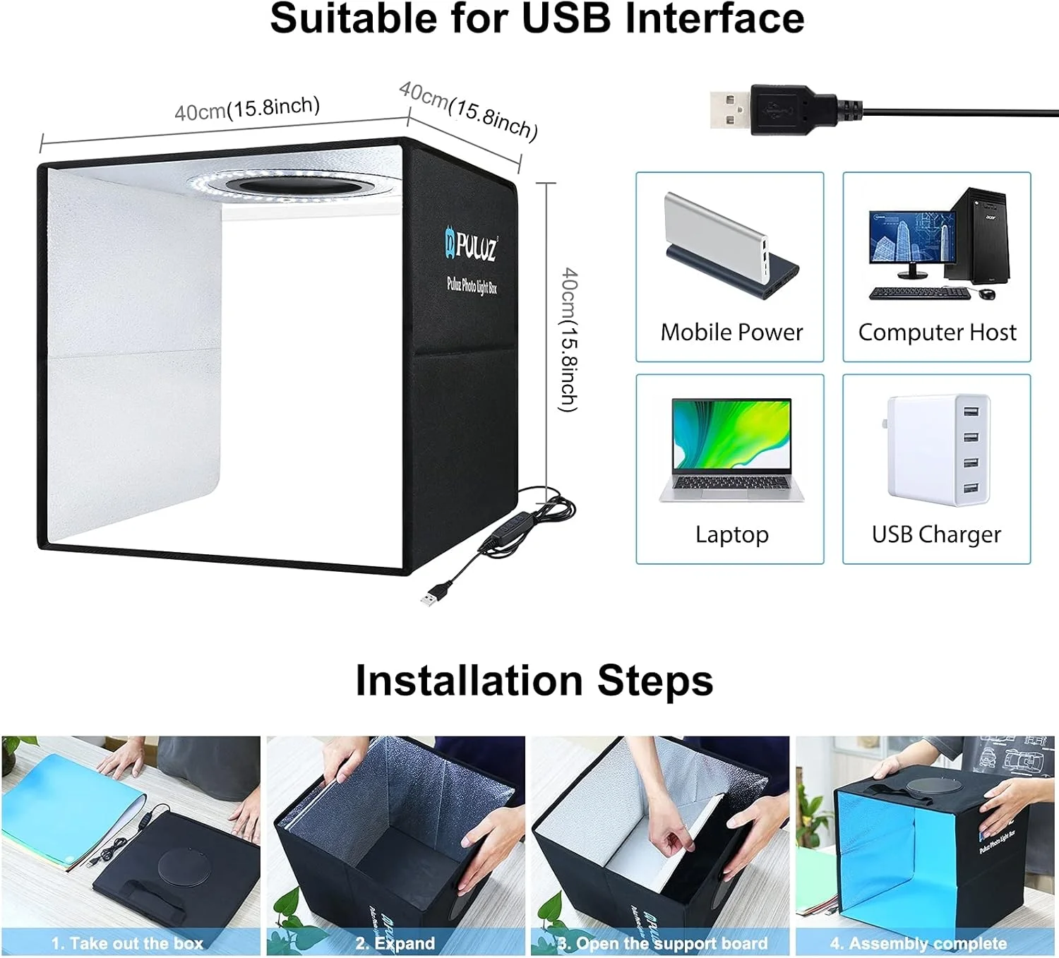 جعبه نور عکاسی محصول، 40cm x 40cm استودیوی جعبه نور تاشو حرفه ای با 160 چراغ LED و 6 پس زمینه رنگی دو طرفه برای جواهرات و عکاسی از محصولات با اندازه متوسط