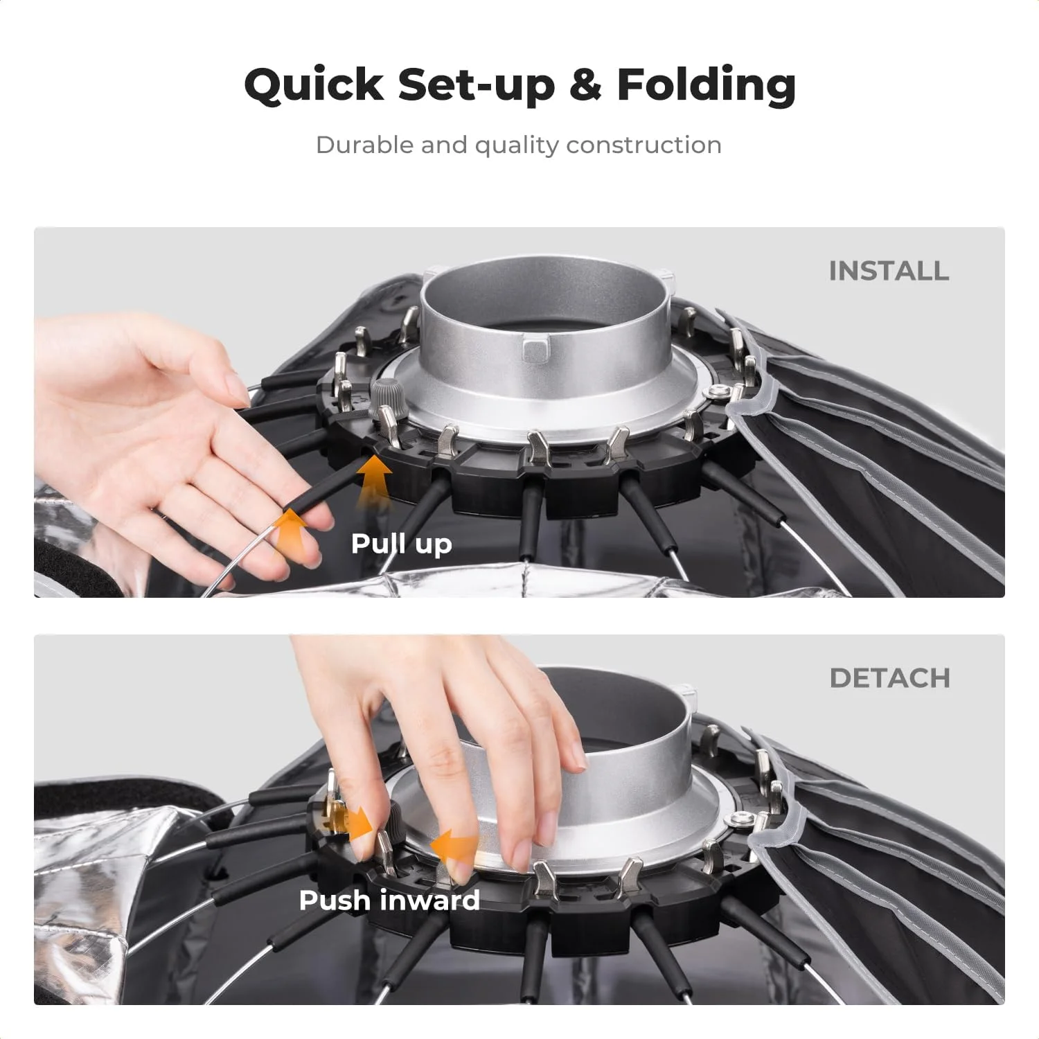 نرم باکس پارابولیک K&F Concept با قطر 90 سانتی متر، با نصب سریع و فضای داخلی نقره ای بسیار بازتابنده، مناسب برای عکاسی استودیویی و فیلمبرداری