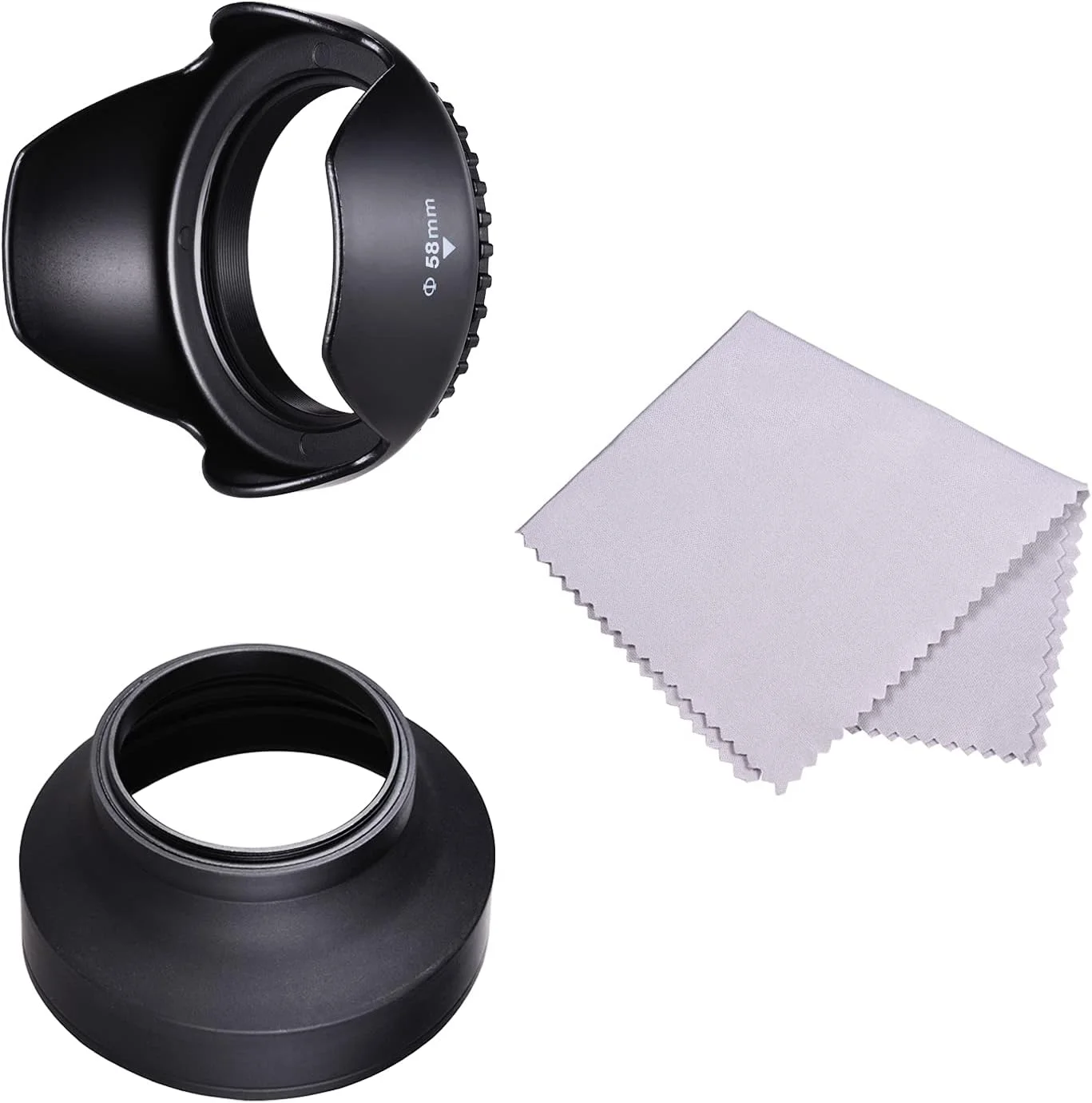 هود لنز OUNA، ست هود لنز 58 میلی‌متری شامل هود لنز گل لاله + هود لنز لاستیکی تاشو + پارچه تمیز کننده لنز جایگزین برای EOS 700D 650D 600D Rebel T5i T4i T3i T3 برای EF-S 18-55mm f/3.5-5.6 IS