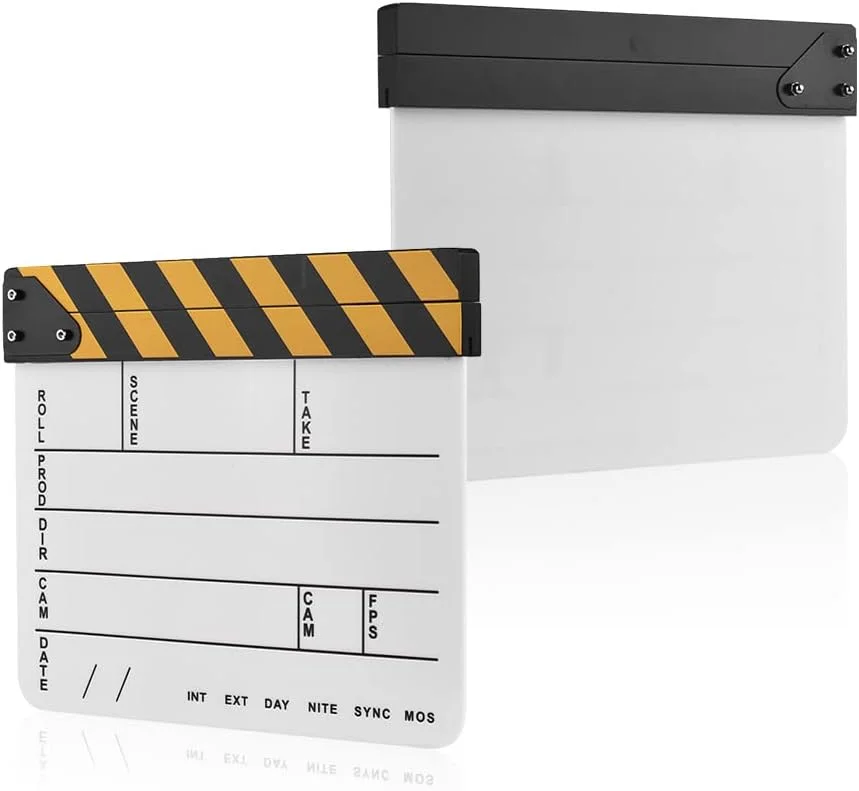 اونا تصمیم می گیرد، تخته کلاکت فیلمبرداری اکریلیک با قابلیت نوشتن و پاک کردن، مناسب فیلم، تلویزیون، صحنه اکشن، با چوب زرد/مشکی، سفید