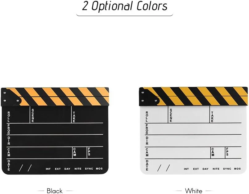 اونا تصمیم می گیرد، تخته کلاکت فیلمبرداری اکریلیک با قابلیت نوشتن و پاک کردن، مناسب فیلم، تلویزیون، صحنه اکشن، با چوب زرد/مشکی، سفید