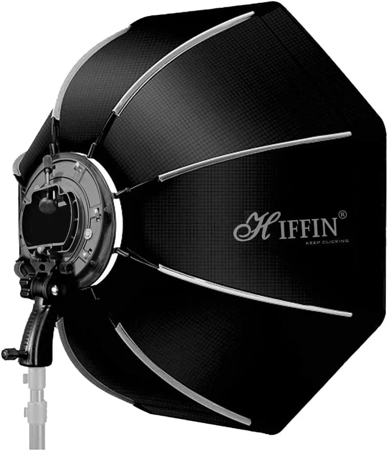 سافت باکس هشت ضلعی نور HIFFIN® با نگهدارنده براکت نوع S (با مانت بوئنز) و کیف حمل برای فلاش استودیویی اسپیدلایت، عکاسی پرتره و محصول (90 سانتی متر)