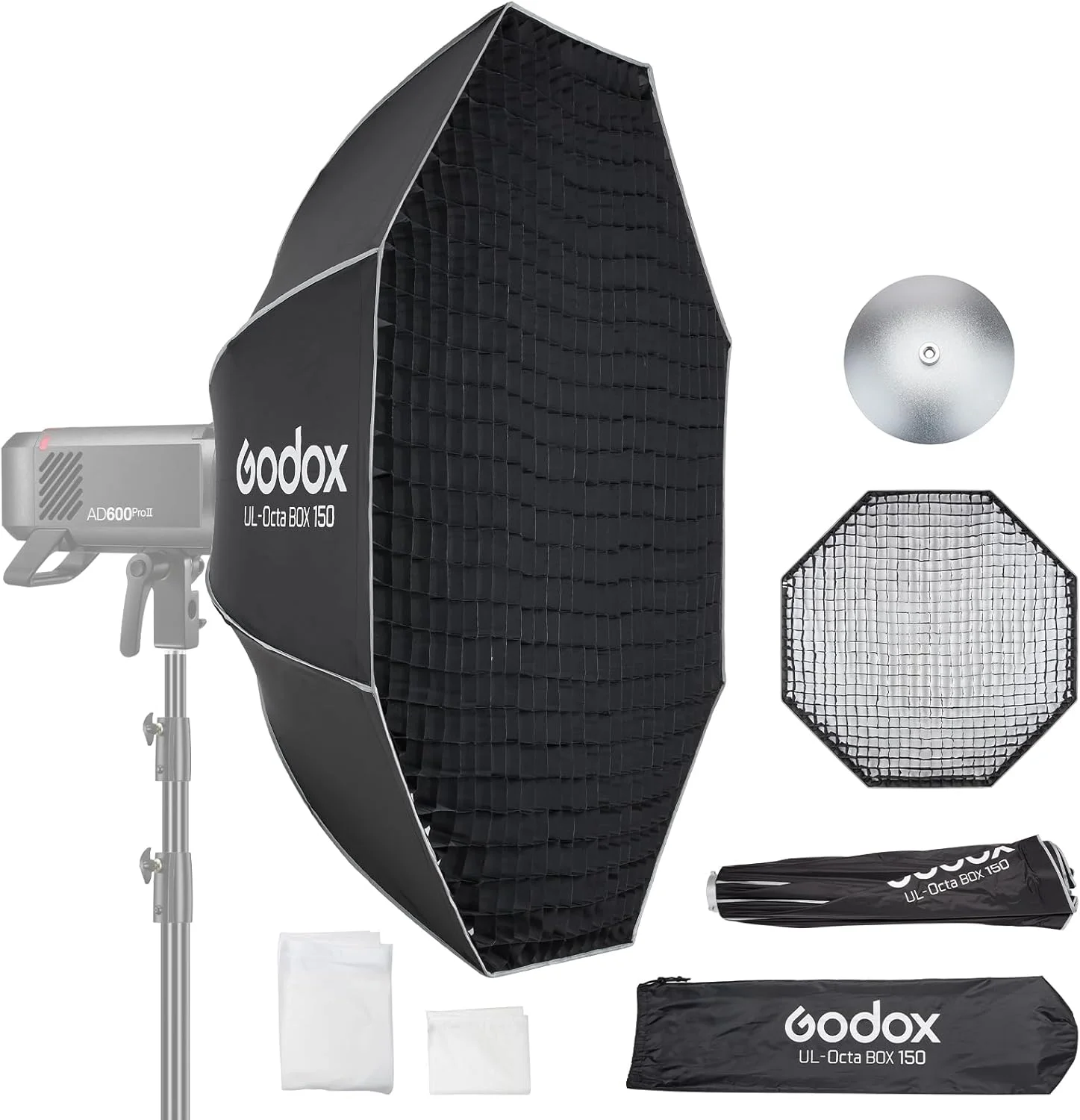 سافت باکس هشت ضلعی 150 سانتی متری گودکس UL با مانت بوئنز، دیفیوزر لانه زنبوری و کیف حمل مناسب برای نورهای COB با مانت بوئنز