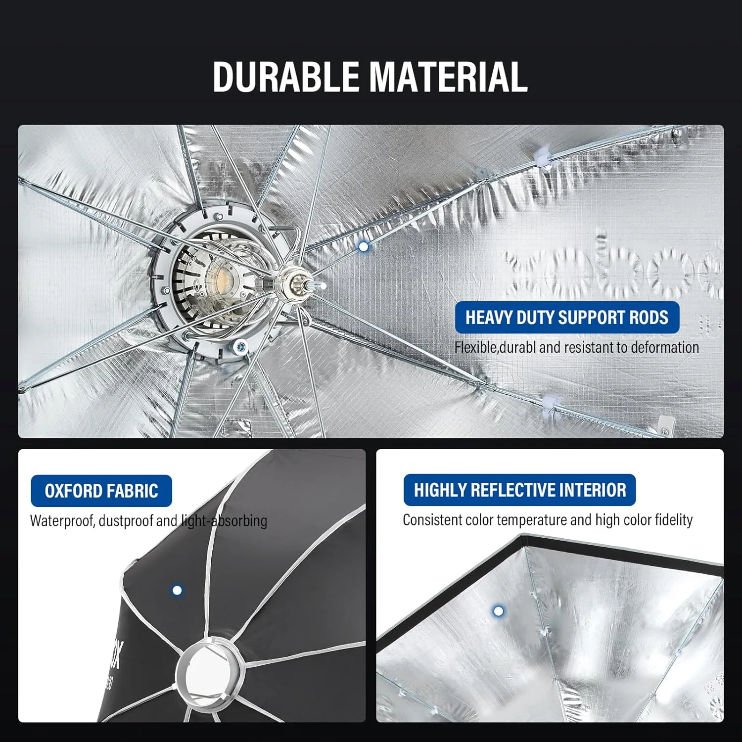 سافت باکس هشت ضلعی 150 سانتی متری گودکس UL با مانت بوئنز، دیفیوزر لانه زنبوری و کیف حمل مناسب برای نورهای COB با مانت بوئنز