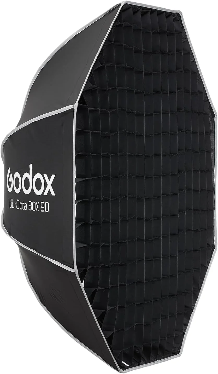 سافت باکس هشت ضلعی گودکس UL-BOX Octa-90، 90 سانتی متر، سافت باکس با رهاسازی سریع به همراه گرید، سافت باکس تاشو با مانت بوئنز برای نورهای SL60W SL100D SL100Bi MS200-V MS300-V DP400III-V