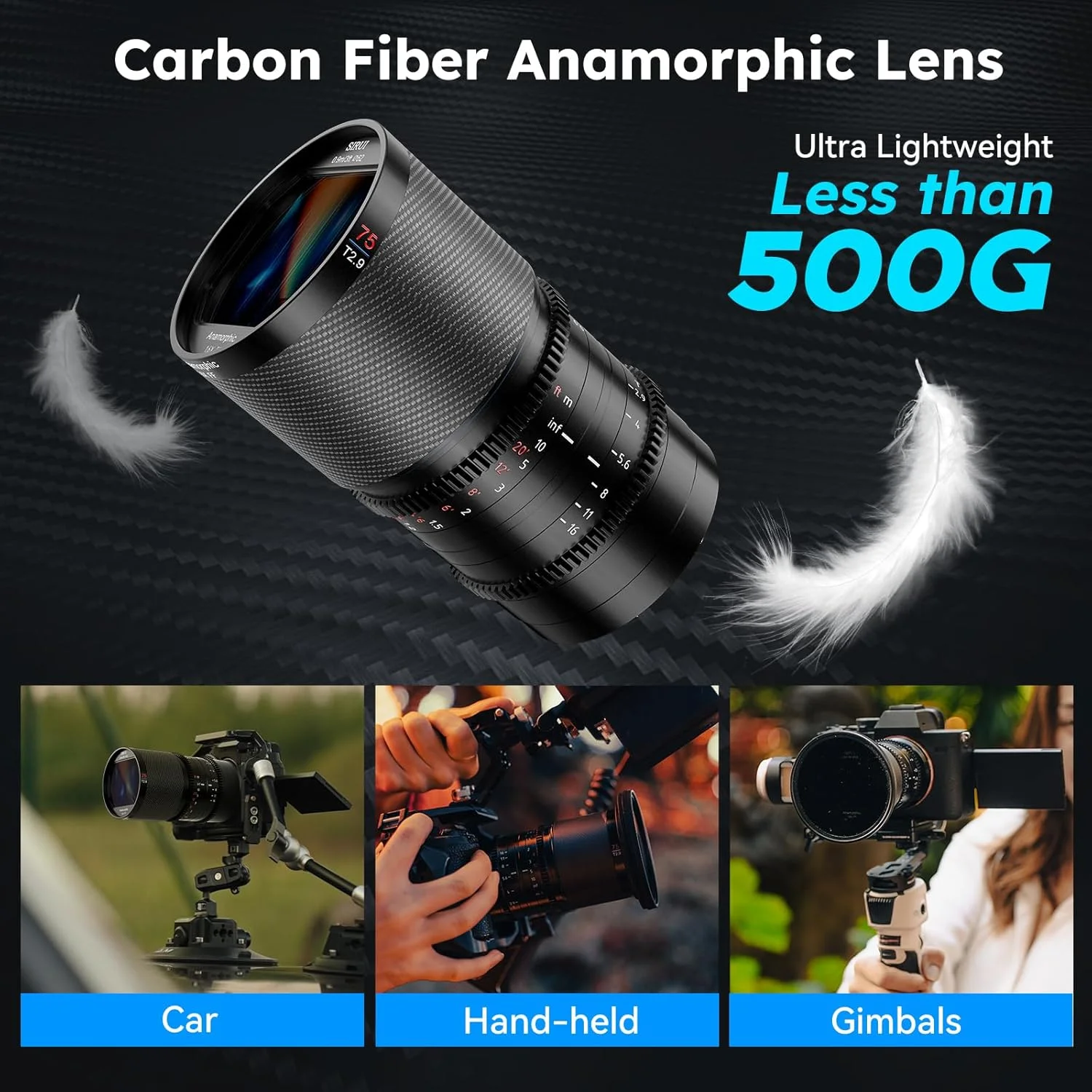 لنز آنامورفیک کربنی SIRUI Saturn 75mm T2.9 1.6X فول فریم، لنز سینمایی کمتر از 500 گرم (Flare طبیعی، مانت X)