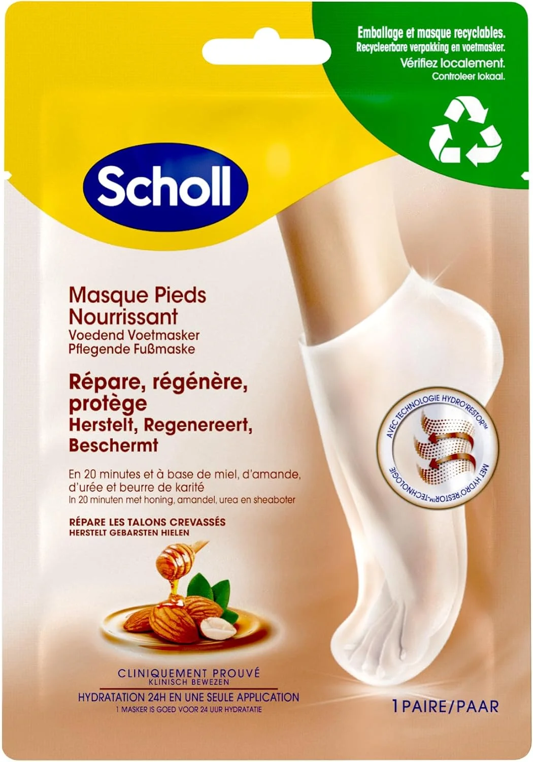 ماسک پا شول با رایحه بادام و عسل برای پوست خشک در 20 دقیقه، مرطوب کننده، غیر چرب و آسان برای استفاده، ماسک ها و بسته بندی قابل بازیافت، 1 جفت