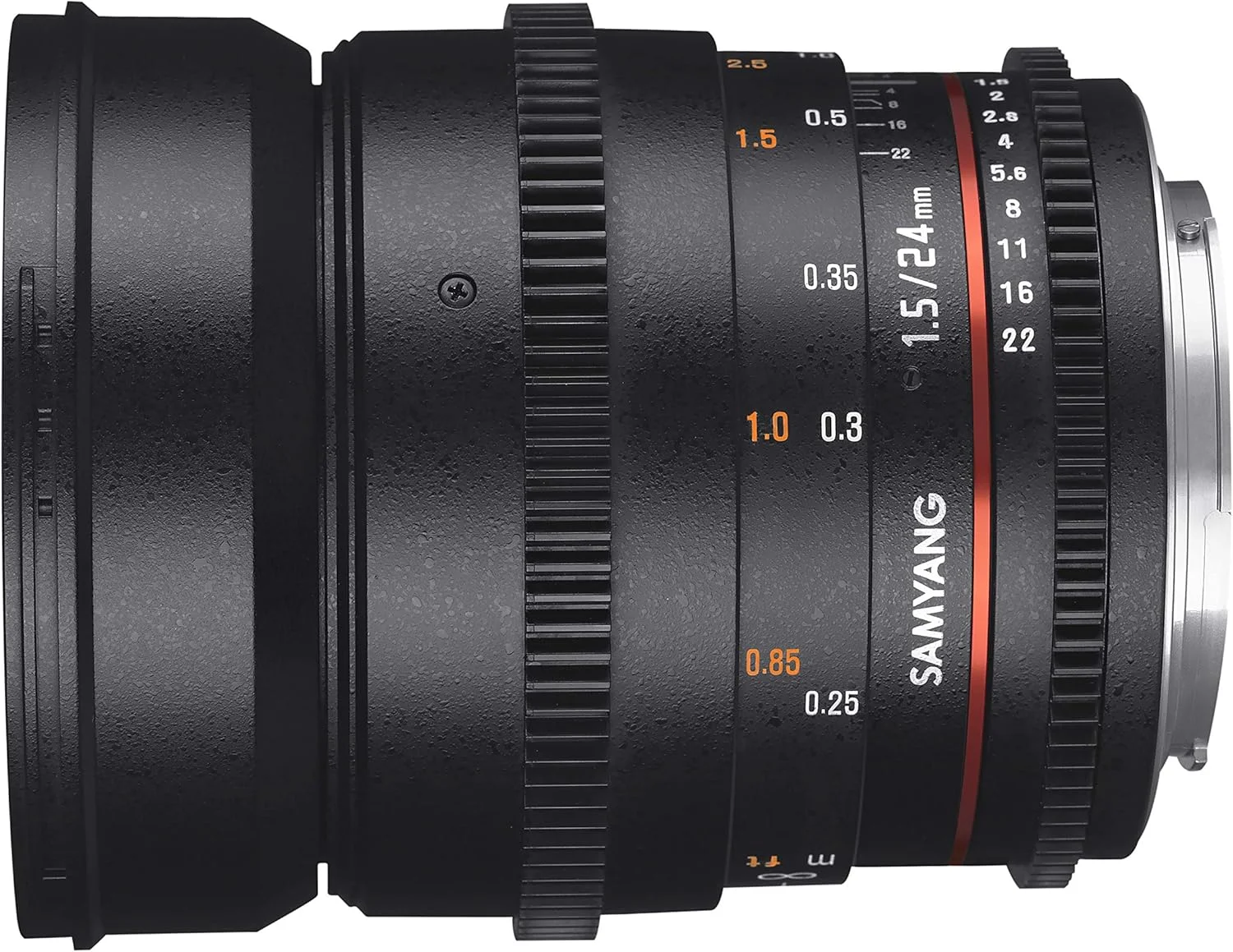 لنز فیلمبرداری Samyang F1312805101 VDSLR برای Sony A با فاصله کانونی ثابت 24 میلی‌متر، دیافراگم T1.5-22 ED AS IF UMC II، قطر فیلتر 77 میلی‌متر، مشکی