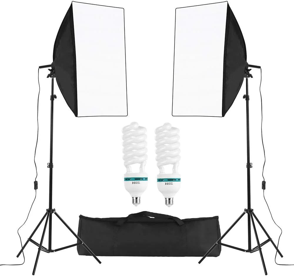 کیت نور چتر سافت باکس مکعبی عکاسی استودیویی حرفه ای Morelian شامل سافت باکس 50 * 70 سانتی متری / لامپ های 150 واتی 5500K / پایه های نور 2 متری / کیف حمل، 2 بسته