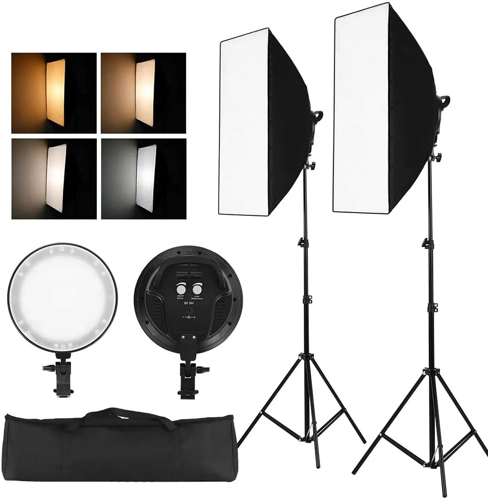 کیت نورپردازی سافت باکس LED استودیویی حرفه ای Morelian شامل سافت باکس های 50 * 70 سانتی متری، چراغ های LED دو رنگ 45 واتی با دمای رنگ 3200K-6400K، پایه های نور 2 متری و کیف حمل، 2 عدد