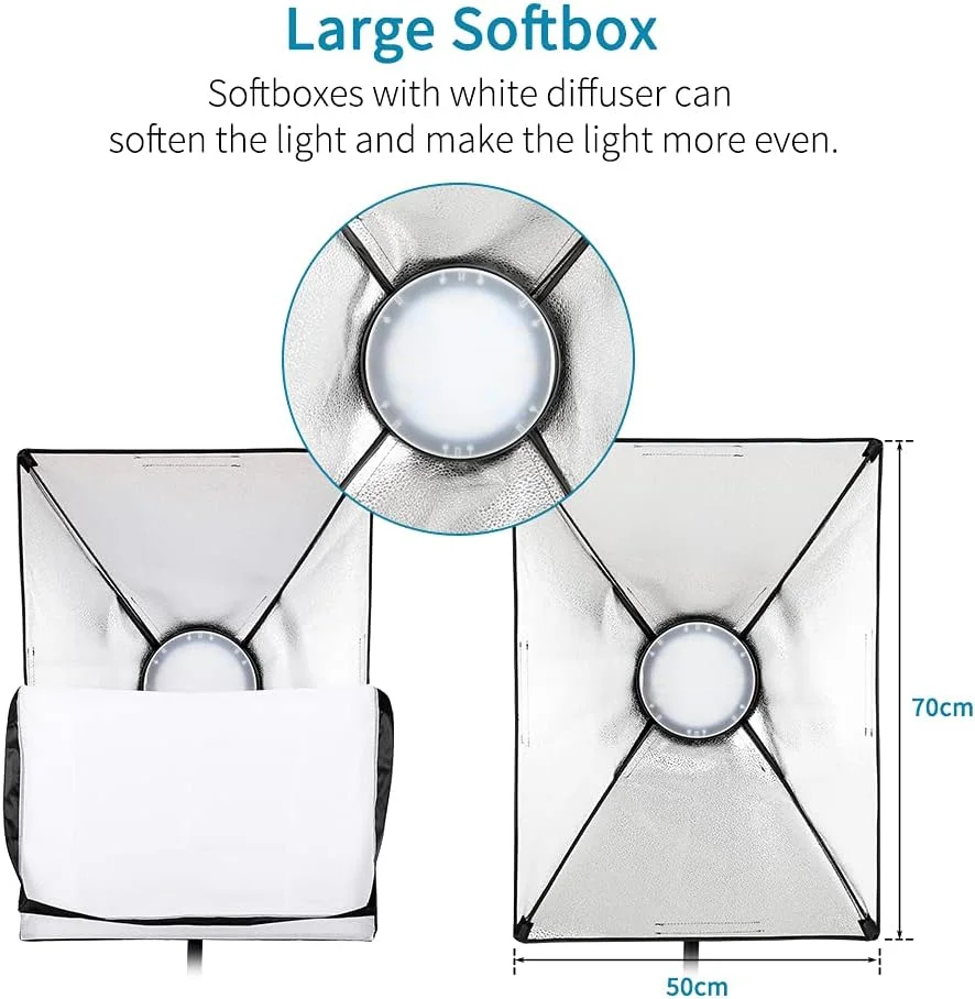کیت نورپردازی سافت باکس LED استودیویی حرفه ای Morelian شامل سافت باکس های 50 * 70 سانتی متری، چراغ های LED دو رنگ 45 واتی با دمای رنگ 3200K-6400K، پایه های نور 2 متری و کیف حمل، 2 عدد