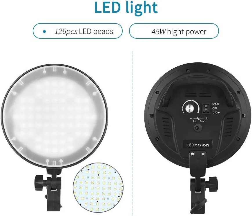 کیت نور LED سافت باکس استودیویی عکاسی و فیلمبرداری Morelian Andoer شامل سافت باکس 20x28 اینچی، چراغ های LED دیمر پذیر 45 واتی دو رنگ با دمای 2700K/5500K، پایه های نور 2 متری و کیف حمل، 3 بسته
