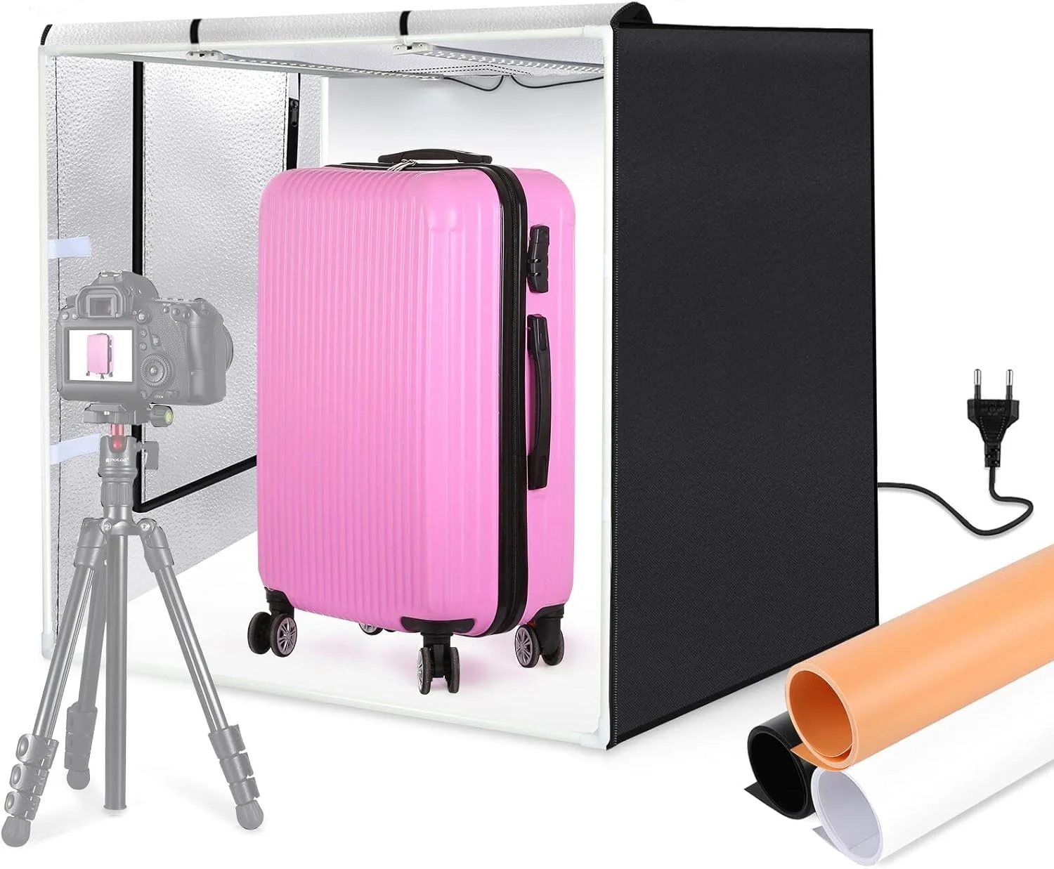 چادر نور LED تاشو بزرگ Morelian PU5080، ابعاد 80 * 80 * 80 سانتی متر، جعبه نور استودیویی رومیزی 80 وات سافت باکس با 156 عدد مهره LED، دمای رنگ 5500K با قابلیت تنظیم نور به همراه 3 پس زمینه رنگی برای عکاسی از محصولات استودیویی