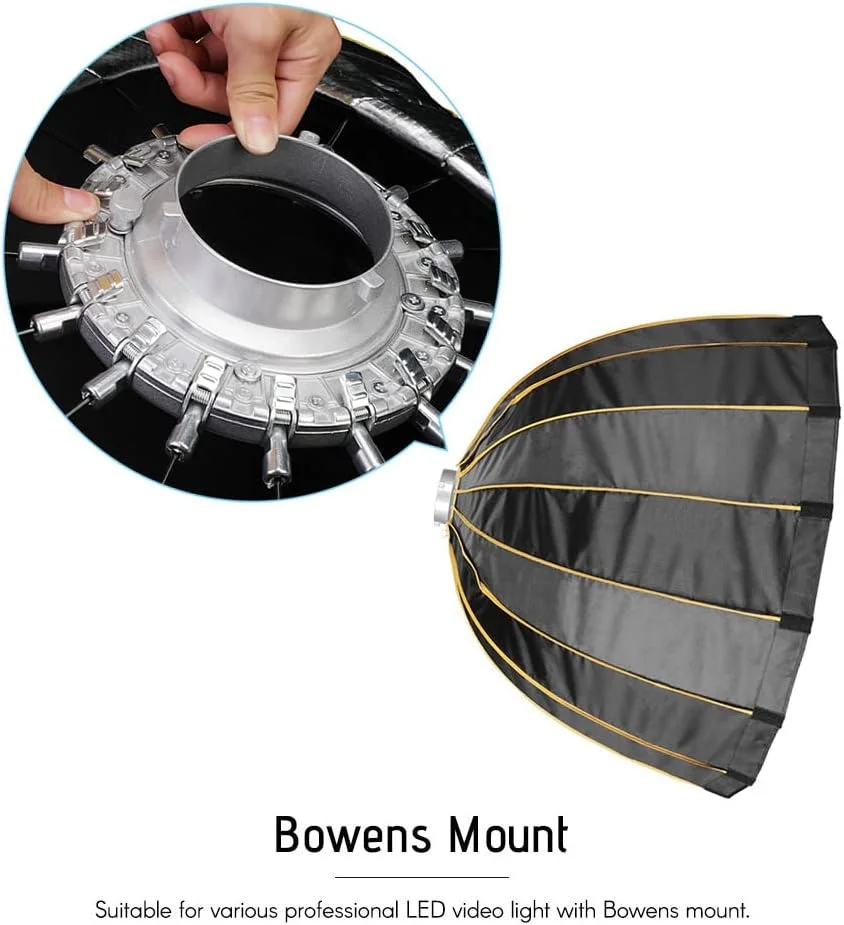 نرم باکس چتری سهموی عمیق تاشو با نصب سریع LED-Φ90cm مناسب استودیو عکاسی به همراه کیف حمل و توری، قطر 90 سانتی متر / 35 اینچ، دارای مانت بوئنز مناسب نورهای LED و فلاش های Aputure 120D 120D II