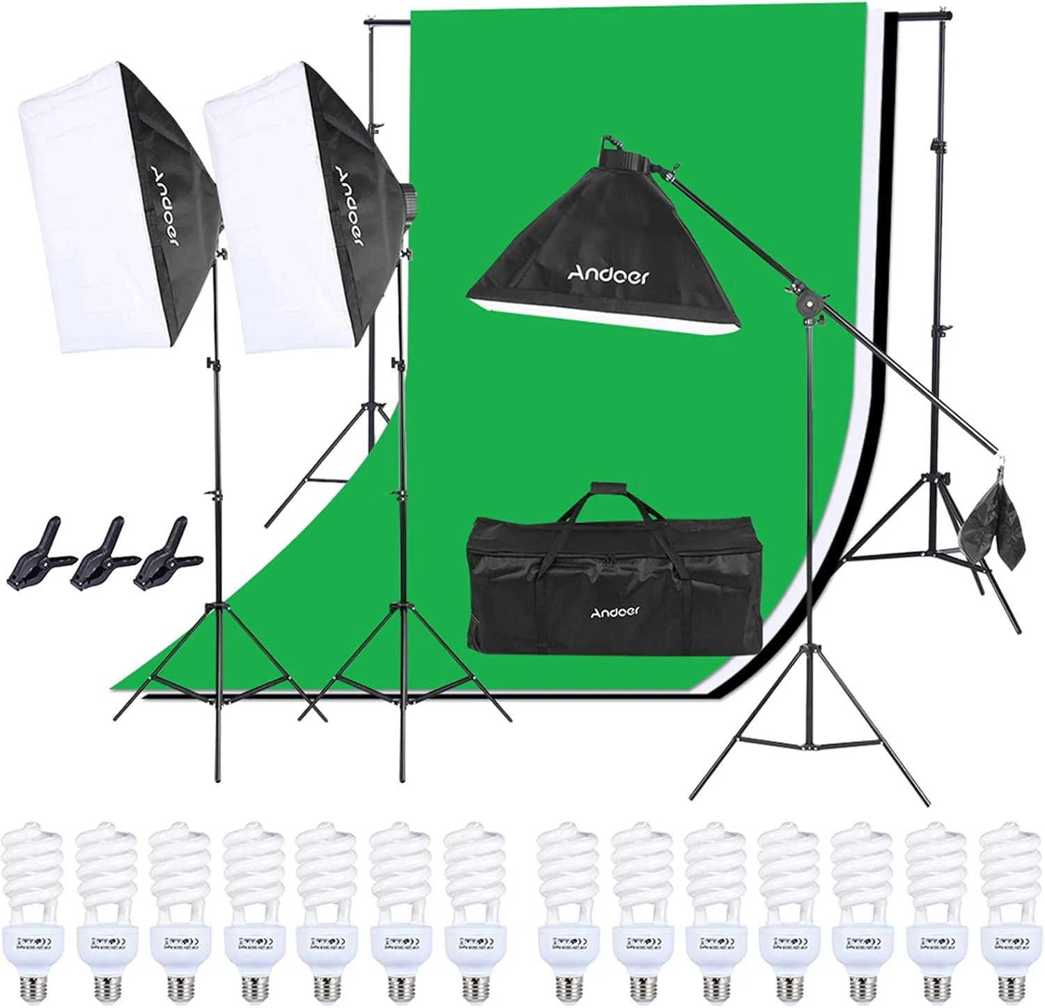 کیت نورپردازی استودیویی Morelian شامل 3 عدد سافت باکس 50 * 70 سانتی متر، 12 عدد لامپ 45 وات، 3 عدد سرپیچ 4 در 1، 3 عدد پایه نور 2 متری، 1 عدد بازوی بوم 1.6 متری، پرده پس زمینه 1.6m*3m مشکی، سفید و سبز، 1 عدد پایه پرده پس زمینه 2m*3m