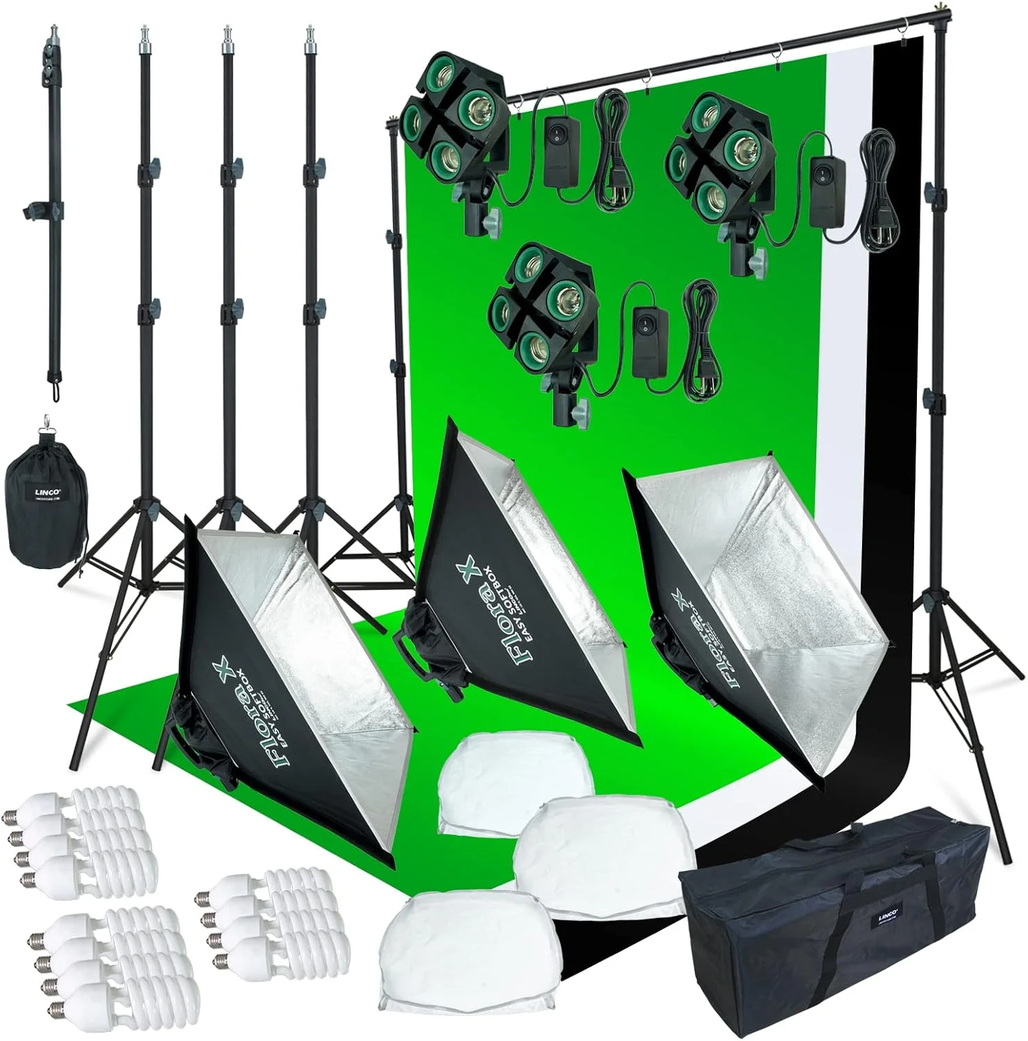 کیت نورپردازی استودیویی 2000 واتی Linco Lincostore با پس زمینه پارچه ای سه رنگ، پایه، نور فلورسنت 4 سوکتی Flora X و سافت باکس بازشو خودکار - نصب فقط 3 ثانیه طول می کشد