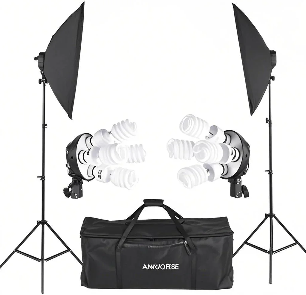 کیت نورپردازی استودیویی عکس با 2 سافت باکس، پایه نور، سوکت 4 در 1 لامپ، 8 عدد لامپ 45 واتی، 1 کیف حمل، دوشاخه بریتانیایی 220 ولت برای جلوه های عکاسی پرتره و محصول