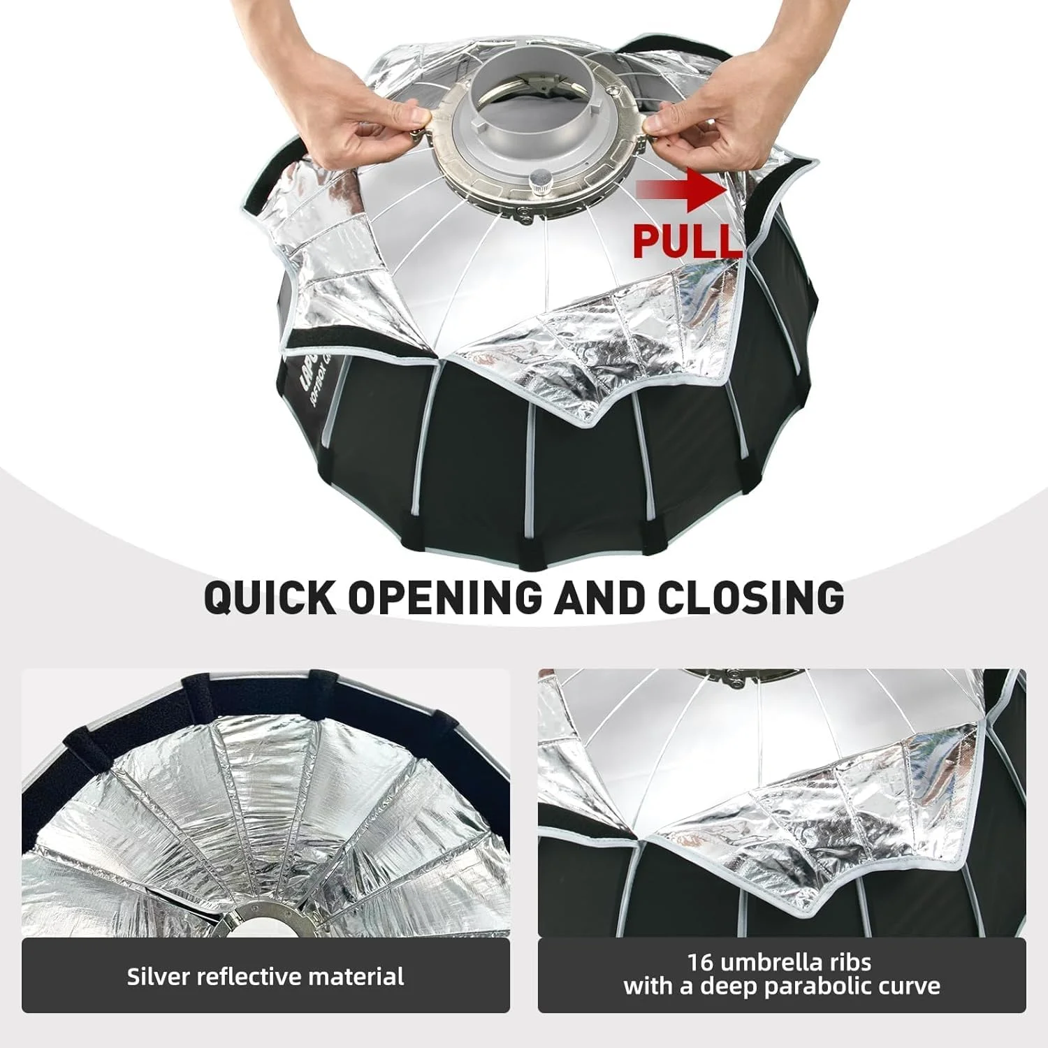 سافت باکس پارابولیک QR60II با قطر 60 سانتی متر - سافت باکس تاشو Hakubun Mountain به همراه شبکه لانه زنبوری و کیف، نصب و جداسازی سریع