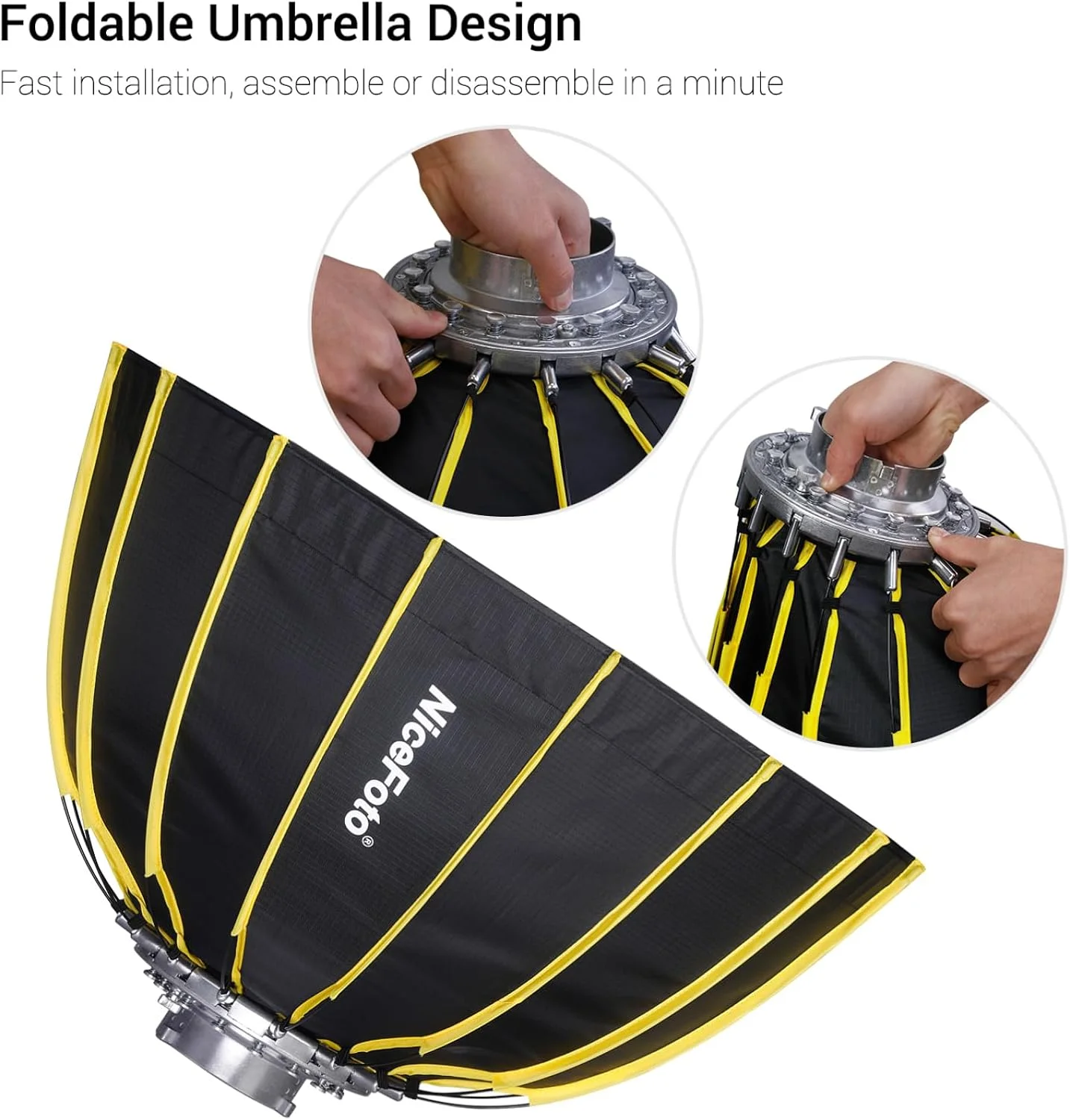 لابیموس سافت باکس شش ضلعی قابل حمل 60 سانتی متری با نصب سریع به همراه پارچه نرم و نوار گرید، طراحی چتری بازتابنده نقره ای برای نور فلاش استودیویی عکاسی