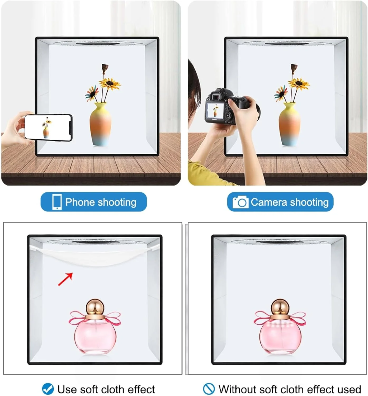 لایت باکس استودیوی عکس رومیزی تاشو LED مدل Labymos PU5041B، ابعاد 40*40*40 سانتی متر، سافت باکس با قابلیت تنظیم نور 3200K-6500K، دارای 144 عدد لامپ LED، 3 حالت نوردهی، 10 سطح روشنایی، تغذیه از طریق USB و دارای 6 پس زمینه رنگی