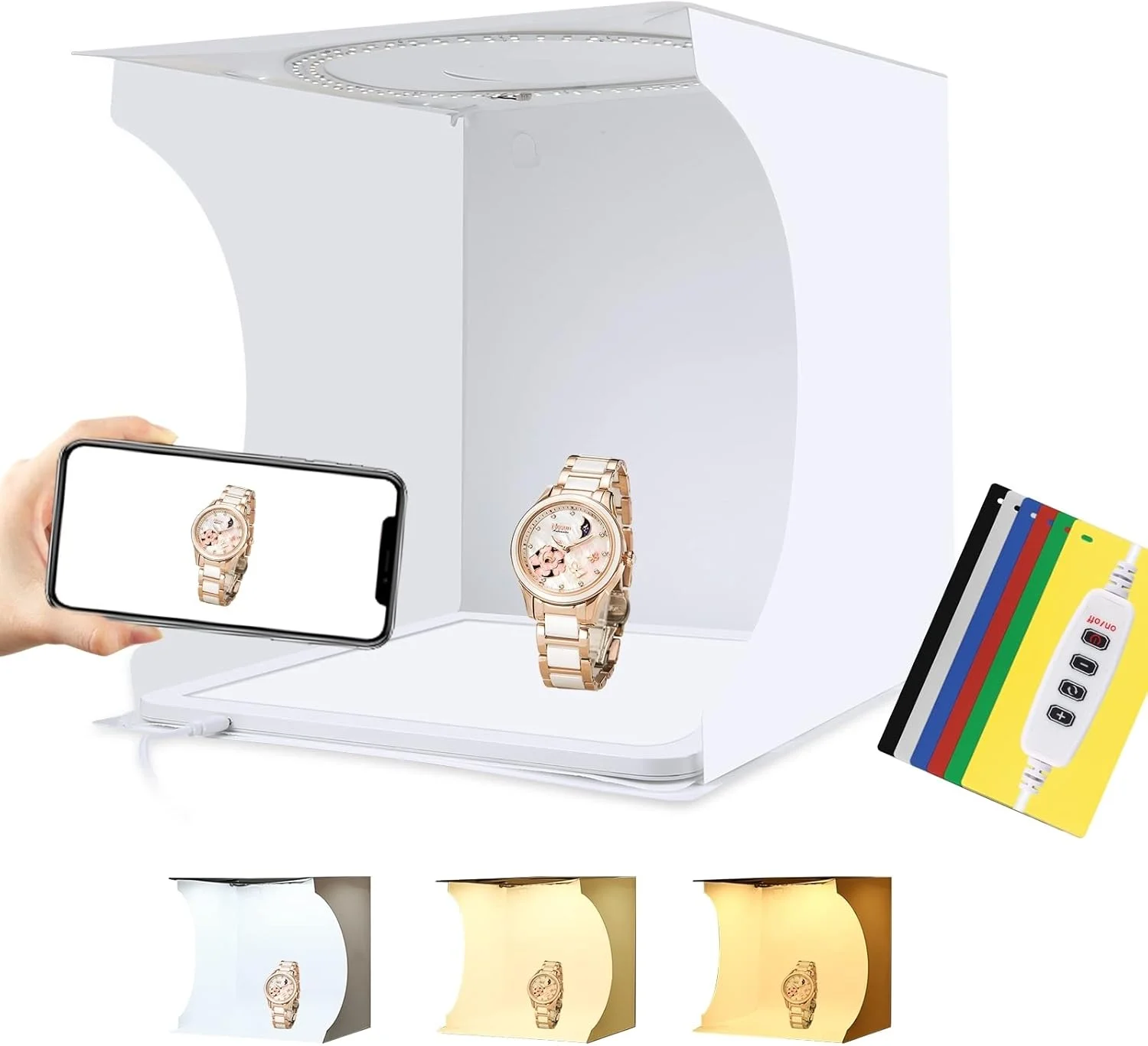 جعبه نور تاشو LED لایموس مدل PKT3201، ابعاد 31*32.7*31 سانتی‌متر، استودیوی عکس رومیزی، سافت‌باکس با نور قابل تنظیم 6000K-6500K، تغذیه از طریق USB، دارای 6 پس‌زمینه رنگی و پنل نور LED بدون سایه برای محصولات کوچک