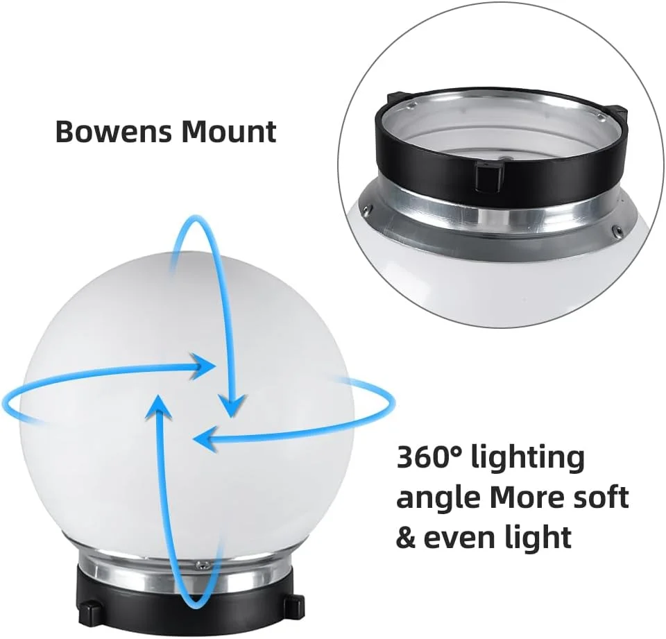 گوی نور ملایم 15 سانتی‌متری برای عکاسی، گوی نور فلاش نیمه‌شفاف با مانت بوئنز برای عکاسی تبلیغاتی، هنری و پرتره