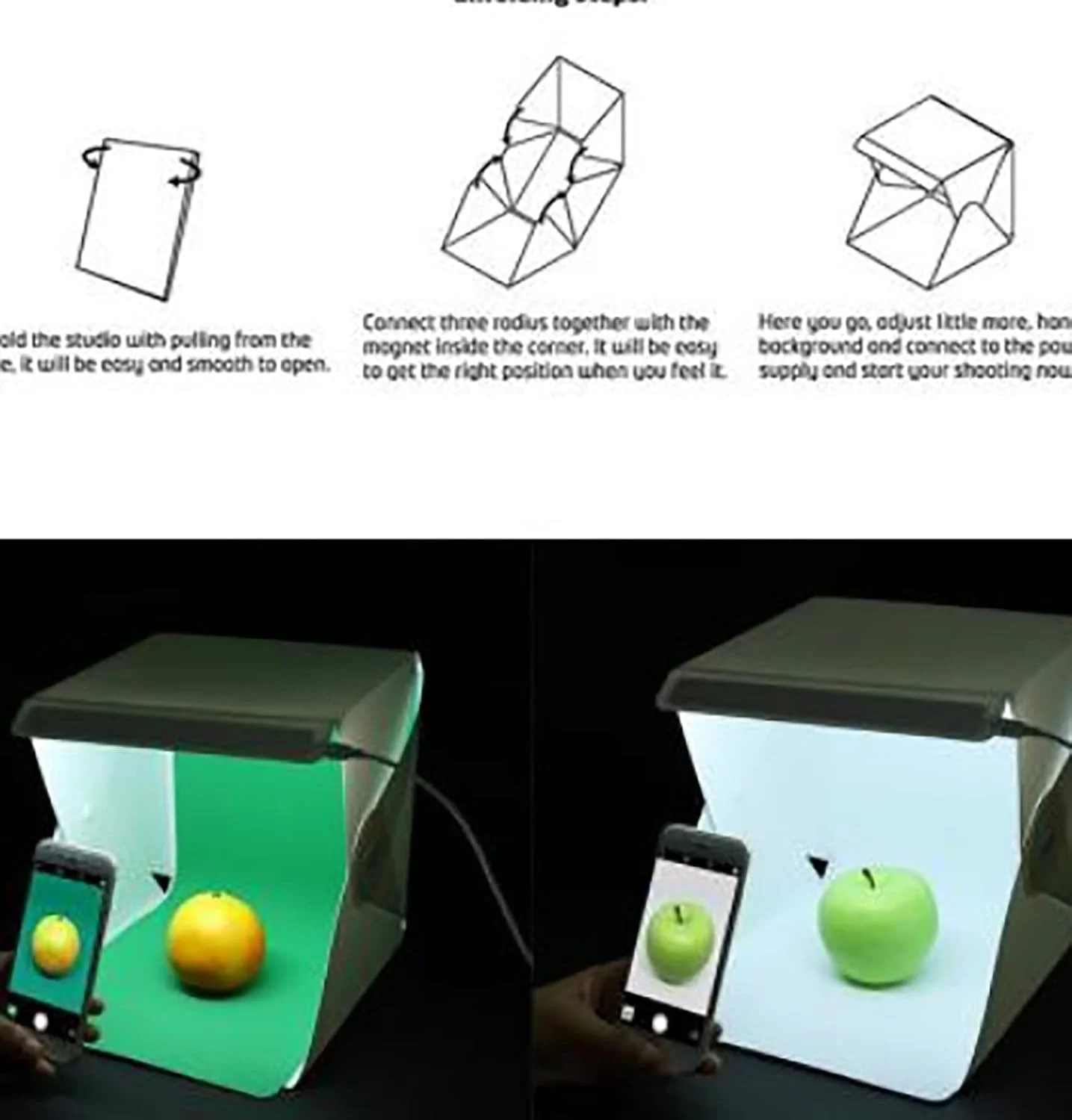 جعبه استودیویی نور تاشو 285 * 230 * 50 میلی‌متری، مینی جعبه نور عکاسی تاشو سافت‌باکس، جعبه نور ال‌ای‌دی 35 قابل تنظیم با 4 پارچه عکاسی EVA