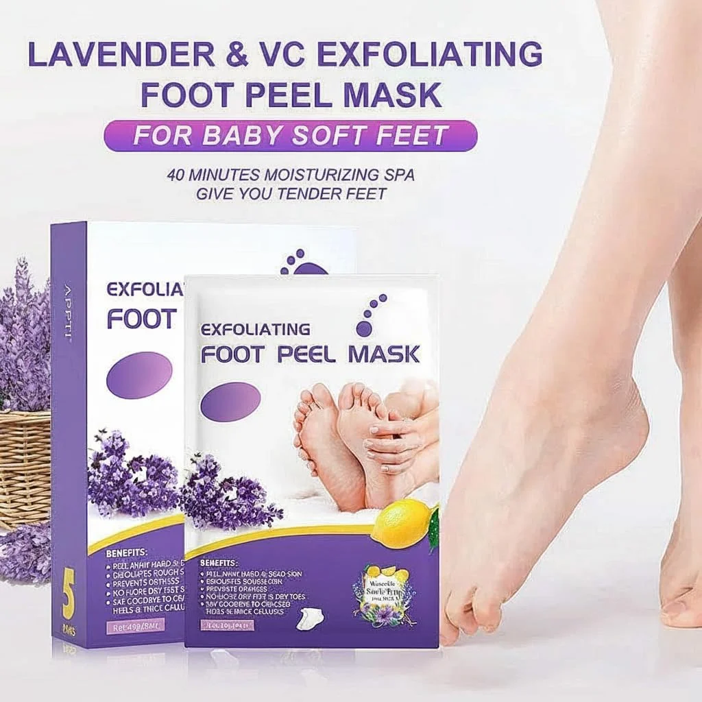 ماسک لایه بردار پا، از بین برنده پینه پا، حذف پوست مرده، خشکی و ترک پا، اسپا پا، ساخته شده با عصاره اسطوخودوس و عصاره آلوئه ورا برای لایه برداری پای زنان و مردان (5 عدد)