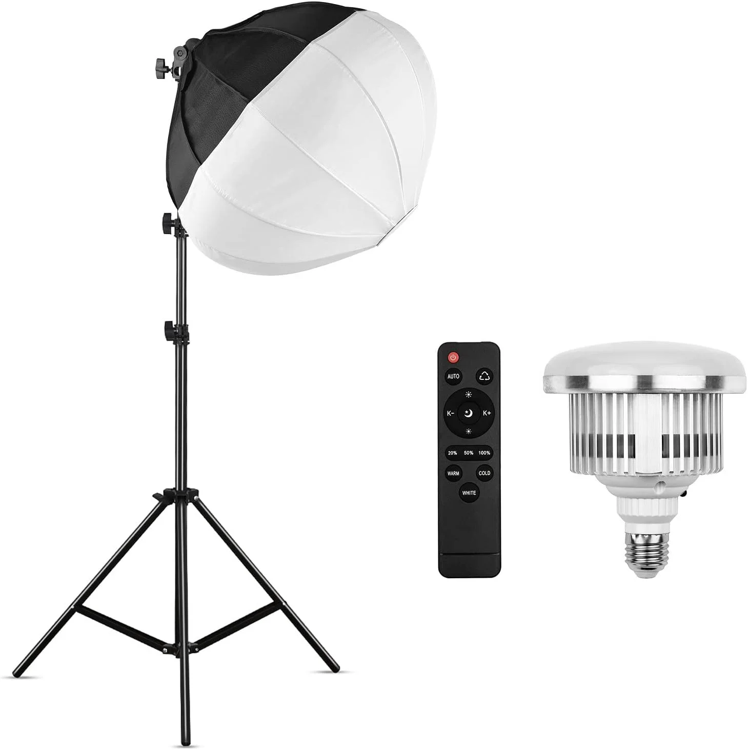 کیت نورپردازی سافت باکس فانوسی عکاسی Irovami با سافت باکس کروی تاشو 50 سانتی متری + لامپ LED 85 واتی 3000K-6500K + کنترل از راه دور + پایه نور فلزی 2 متری برای استودیوی پخش زنده