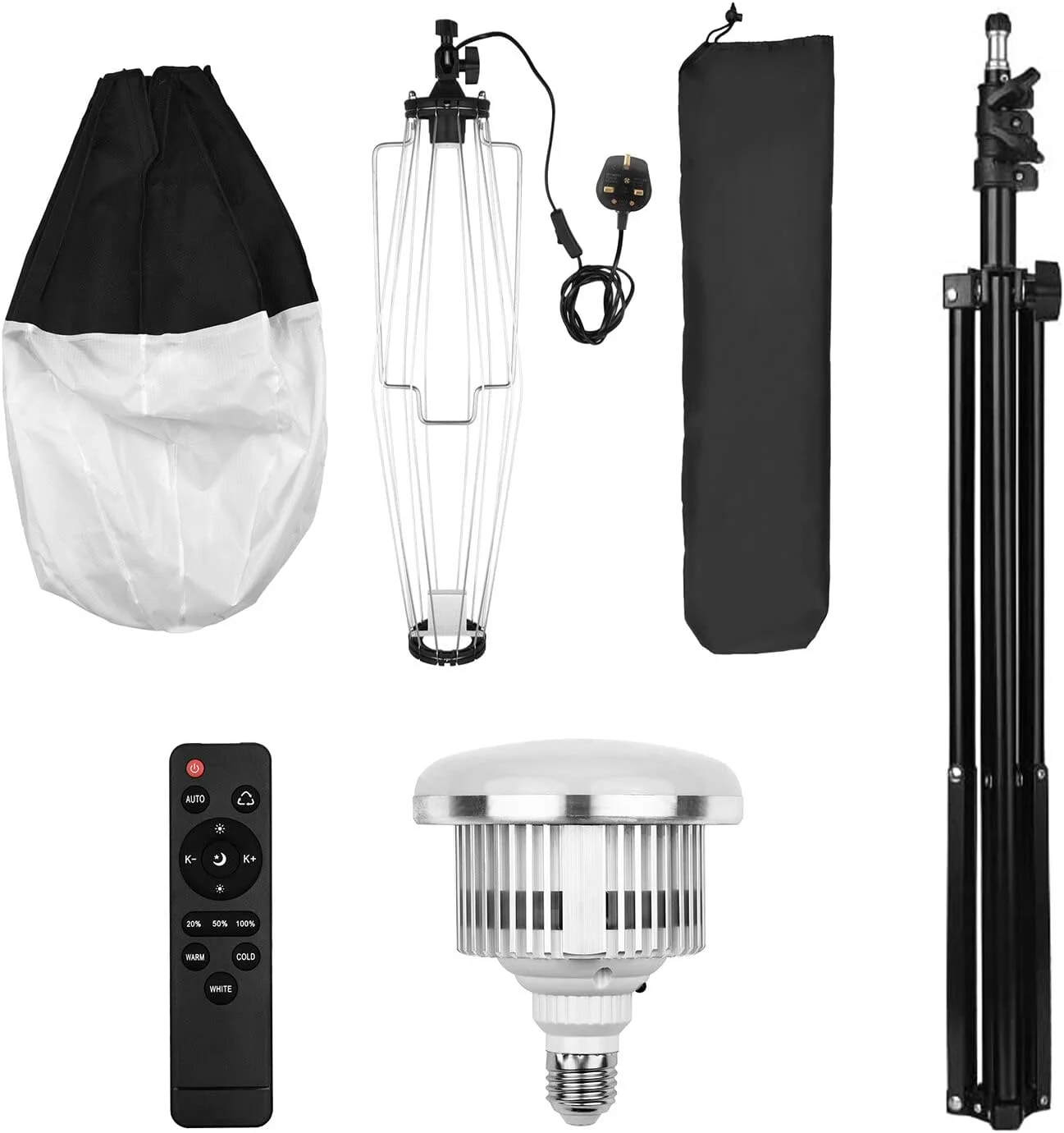 کیت نورپردازی سافت باکس فانوسی عکاسی Irovami با سافت باکس کروی تاشو 50 سانتی متری + لامپ LED 85 واتی 3000K-6500K + کنترل از راه دور + پایه نور فلزی 2 متری برای استودیوی پخش زنده