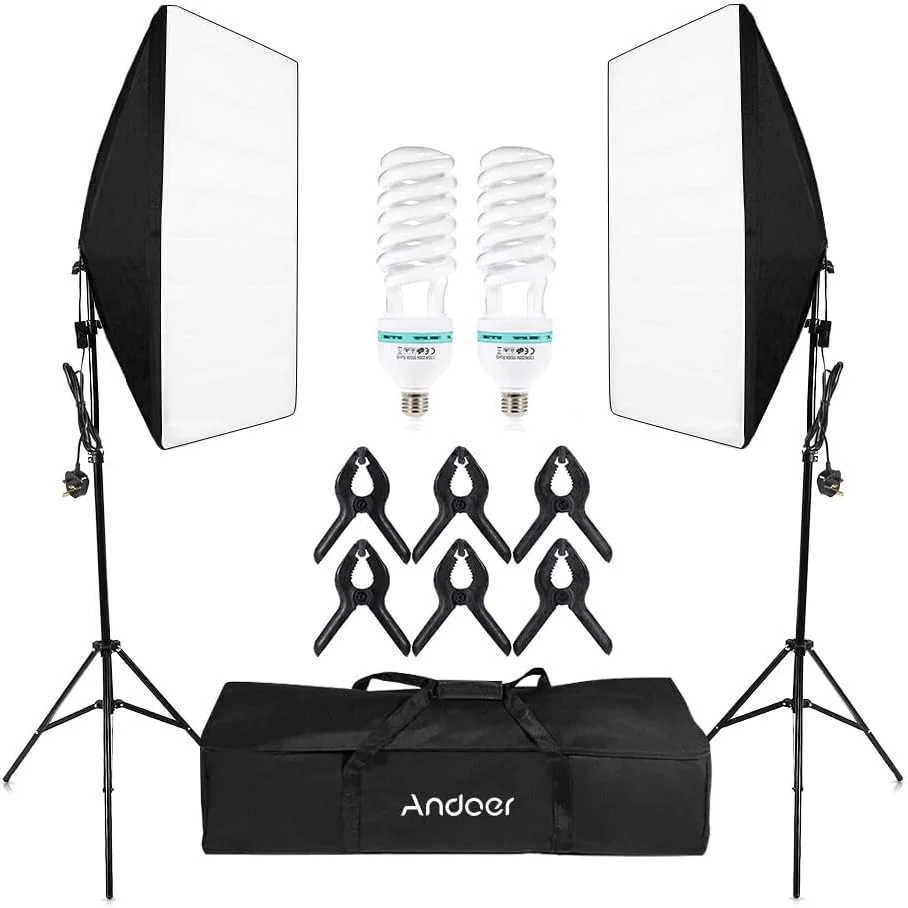 کیت تجهیزات نورپردازی استودیویی عکاسی Irovami شامل چادر نور، سافت باکس، 2 عدد لامپ 135 واتی، 2 عدد پایه نور، 2 عدد سافت باکس، 6 عدد گیره و 1 عدد کیف حمل مناسب برای عکاسی پرتره و محصول، دوشاخه UK، 220 ولت