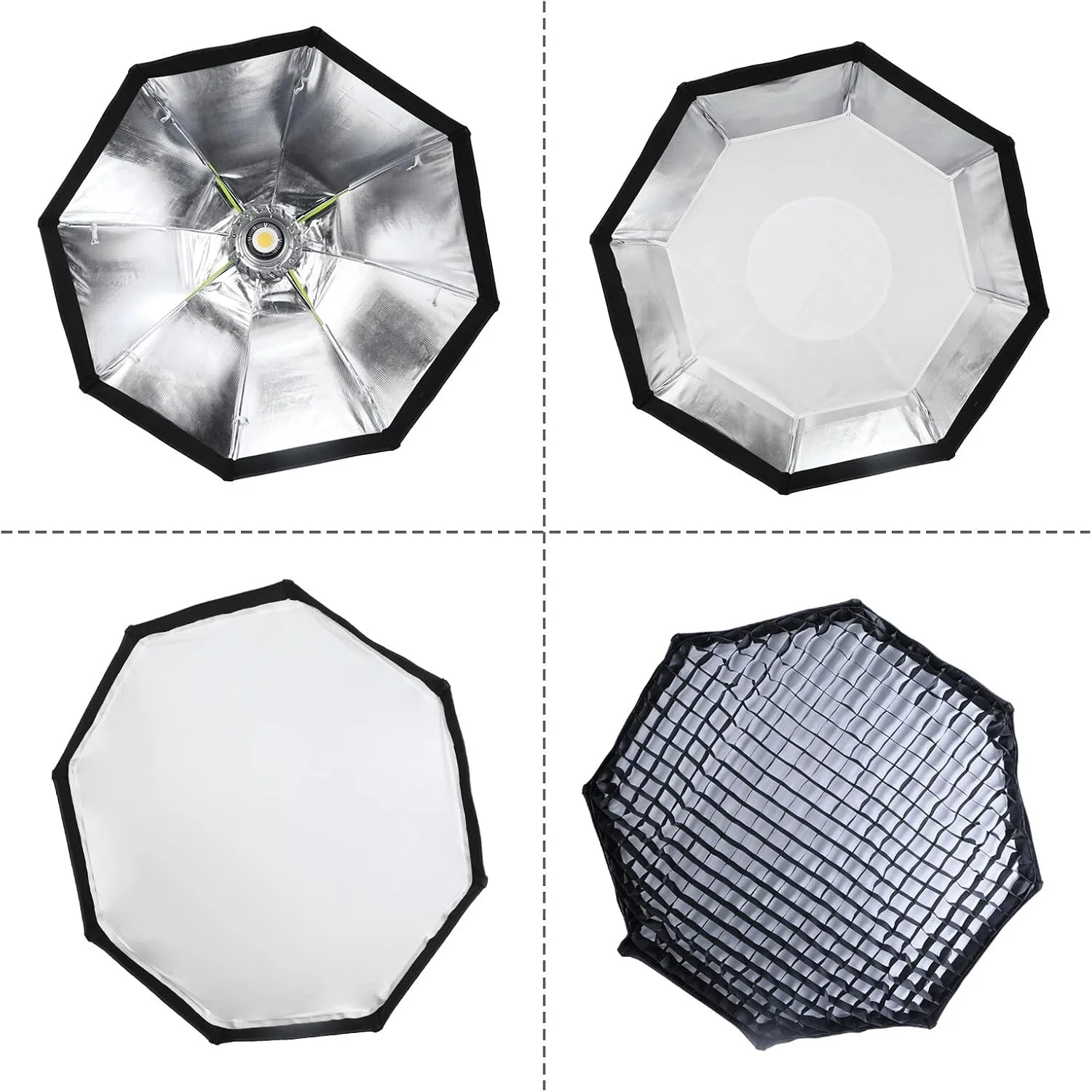 نرم باکس هشت ضلعی قابل حمل 100 سانتی متری با مانت بوئنز، به همراه گرید لانه زنبوری جداشدنی و کیف حمل، مناسب برای نورهای استودیویی، فلاش های اسپیدلایت، نورهای ویدئویی، عکاسی پرتره و عکاسی از محصول