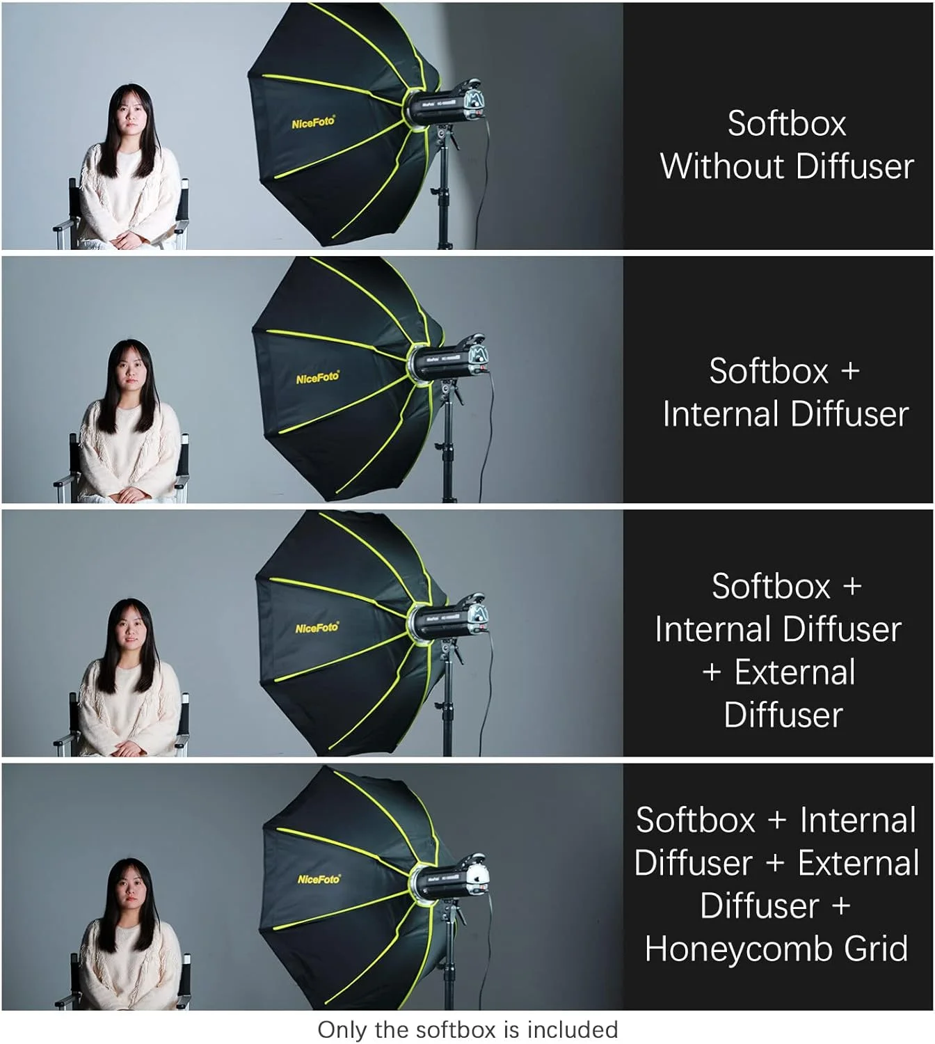 نرم باکس هشت ضلعی قابل حمل 100 سانتی متری با مانت بوئنز، به همراه گرید لانه زنبوری جداشدنی و کیف حمل، مناسب برای نورهای استودیویی، فلاش های اسپیدلایت، نورهای ویدئویی، عکاسی پرتره و عکاسی از محصول