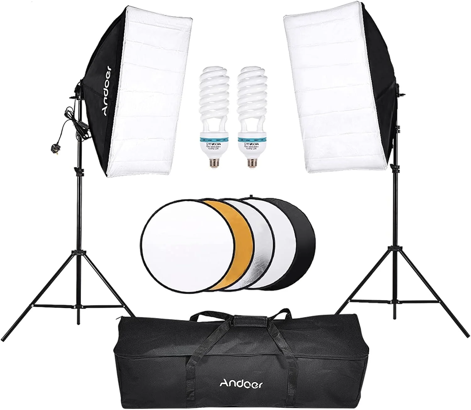 کیت نورپردازی سافت باکس استودیوی عکاسی Irovami، تجهیزات عکس و فیلم، 2 عدد لامپ 135 وات، 2 عدد پایه نور، 2 عدد سافت باکس، 1 عدد رفلکتور عکاسی 5 در 1 با قطر 60 سانتی متر، 1 عدد کیف حمل برای پرتره و عروسی