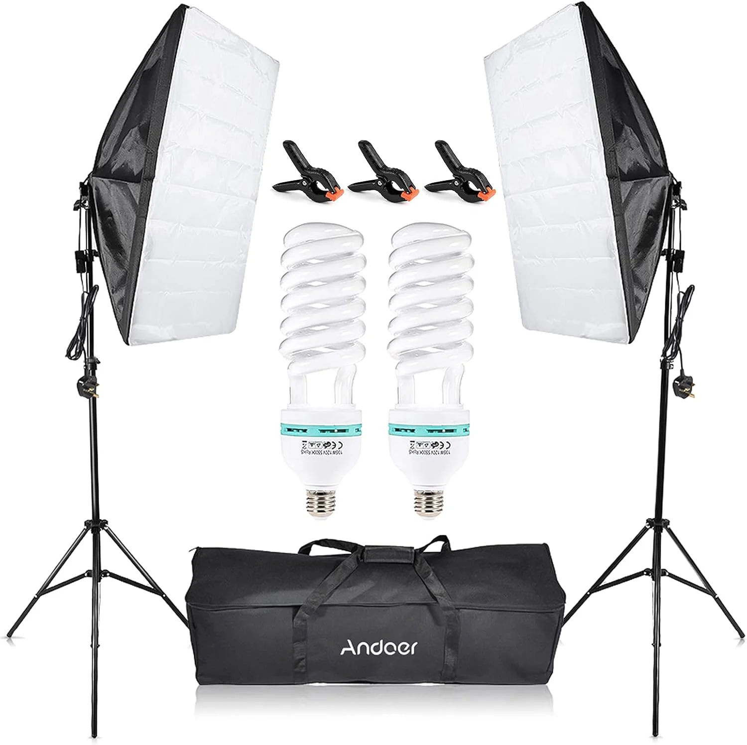 کیت نورپردازی سافت باکس استودیوی عکاسی Irovami شامل 2 عدد لامپ 135 واتی، 2 عدد پایه نور، 2 عدد سافت باکس تک لامپی، 3 عدد گیره مانت ماهی شکل، 1 عدد کیف حمل غیر بافته برای پرتره و محصول